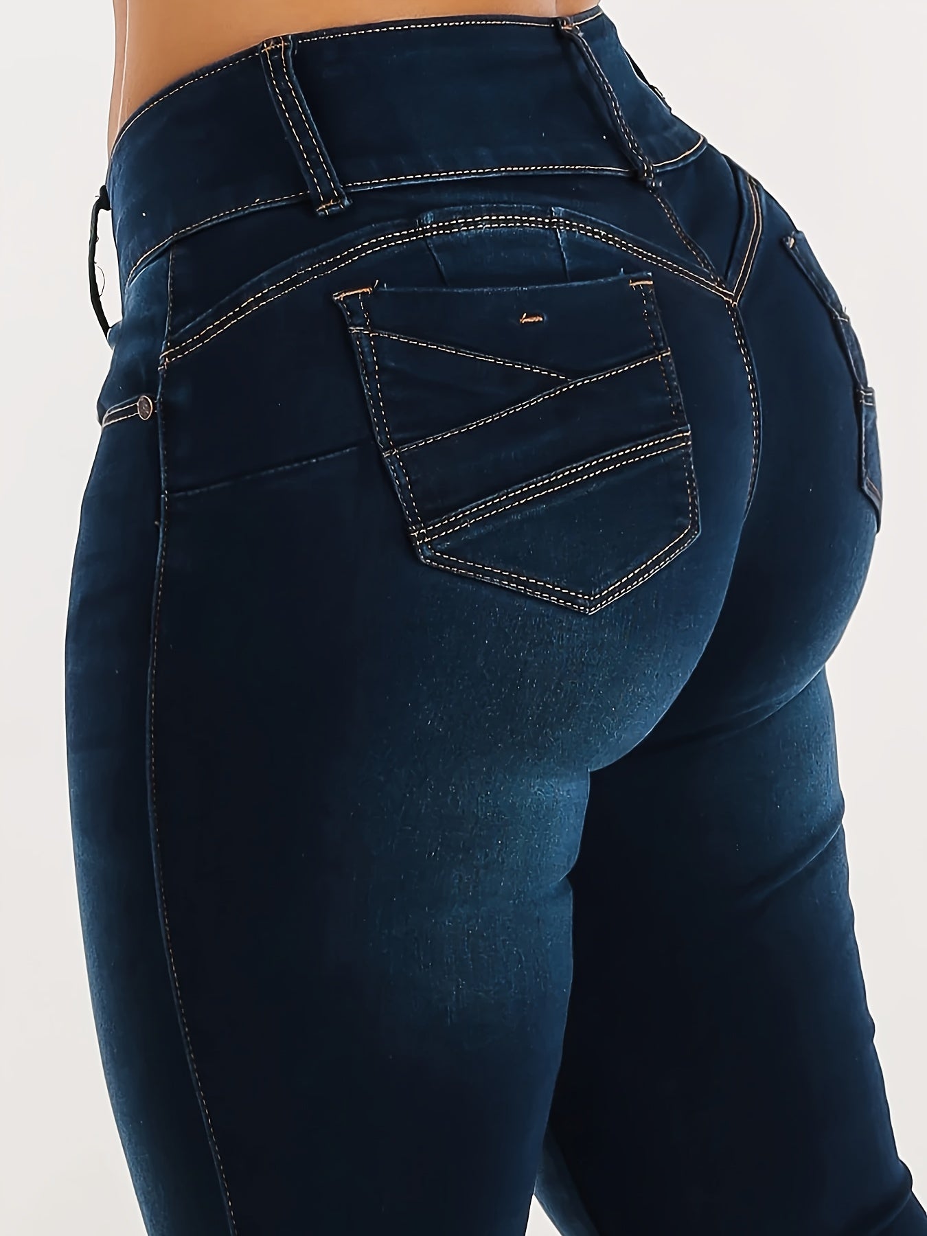 Women'S Sexy Geometric-Pattern Denim Jeans, Mid-Waist Skinny Fit with Wide Back Pockets, Multi-Button Detail, All-Season Long Length, 85% 13% Polyester 2% Elastane, Woven Fabric 240g/m² - Going Out Fashion