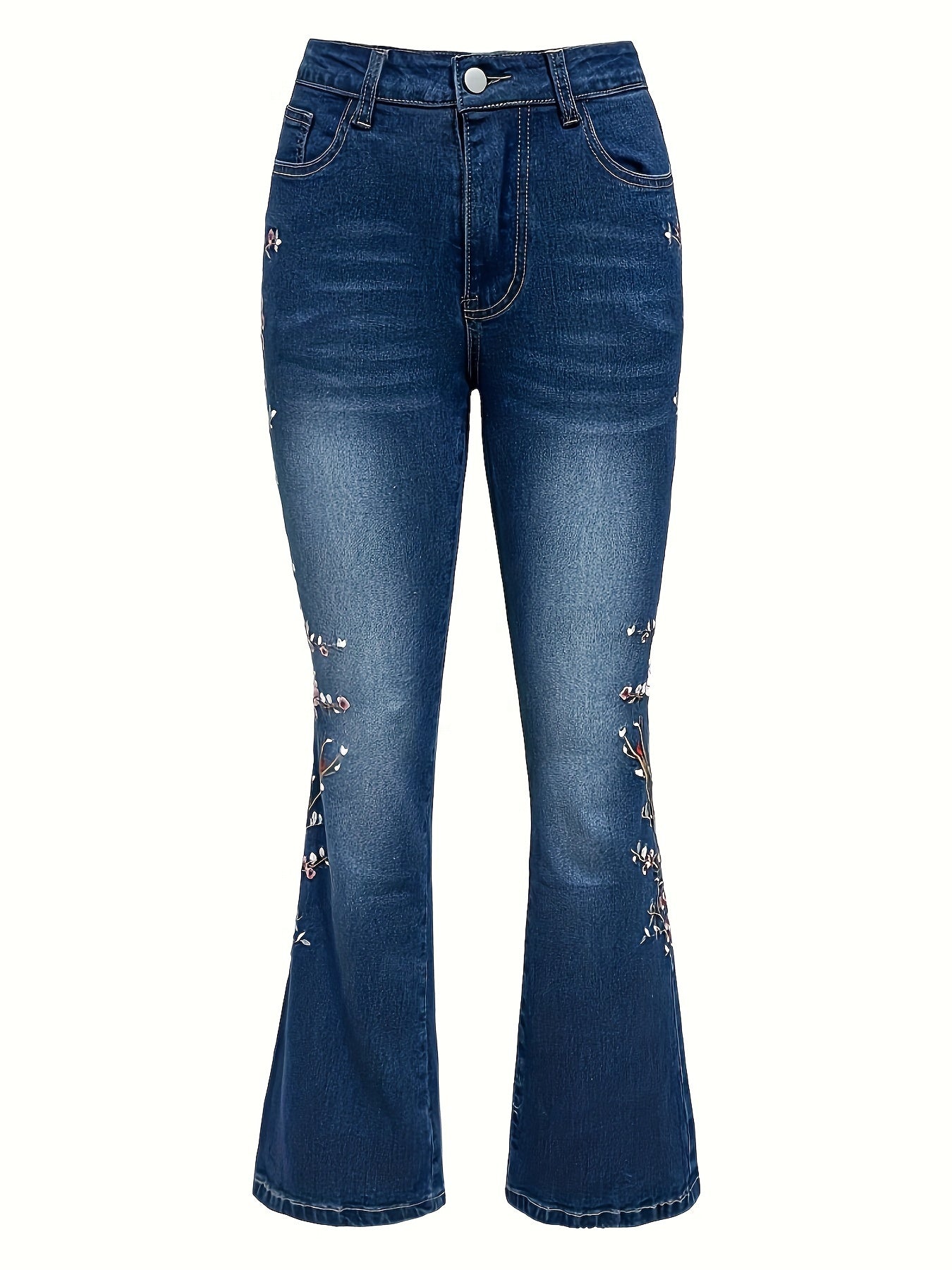 Women'S Vintage Floral Embroidered Blue Jeans - Stretch Denim with Intricate Pink & Red Floral Design, High-Waisted, All-Season Casual Wear, High Waisted Jeans