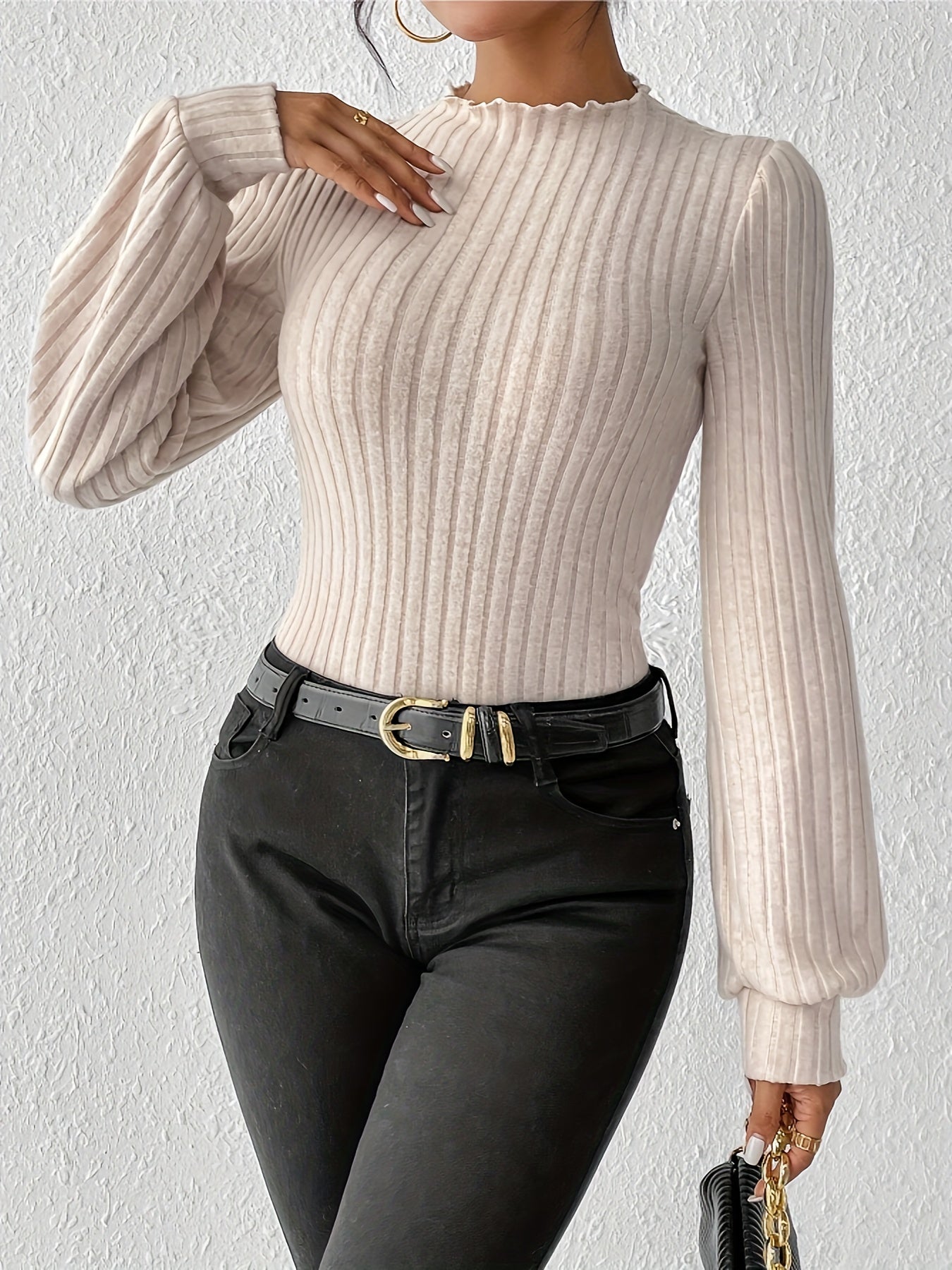 Solid Mock Neck Rib Knit Bodysuit, Elegant Long Sleeve Bodysuit, Women's Clothing