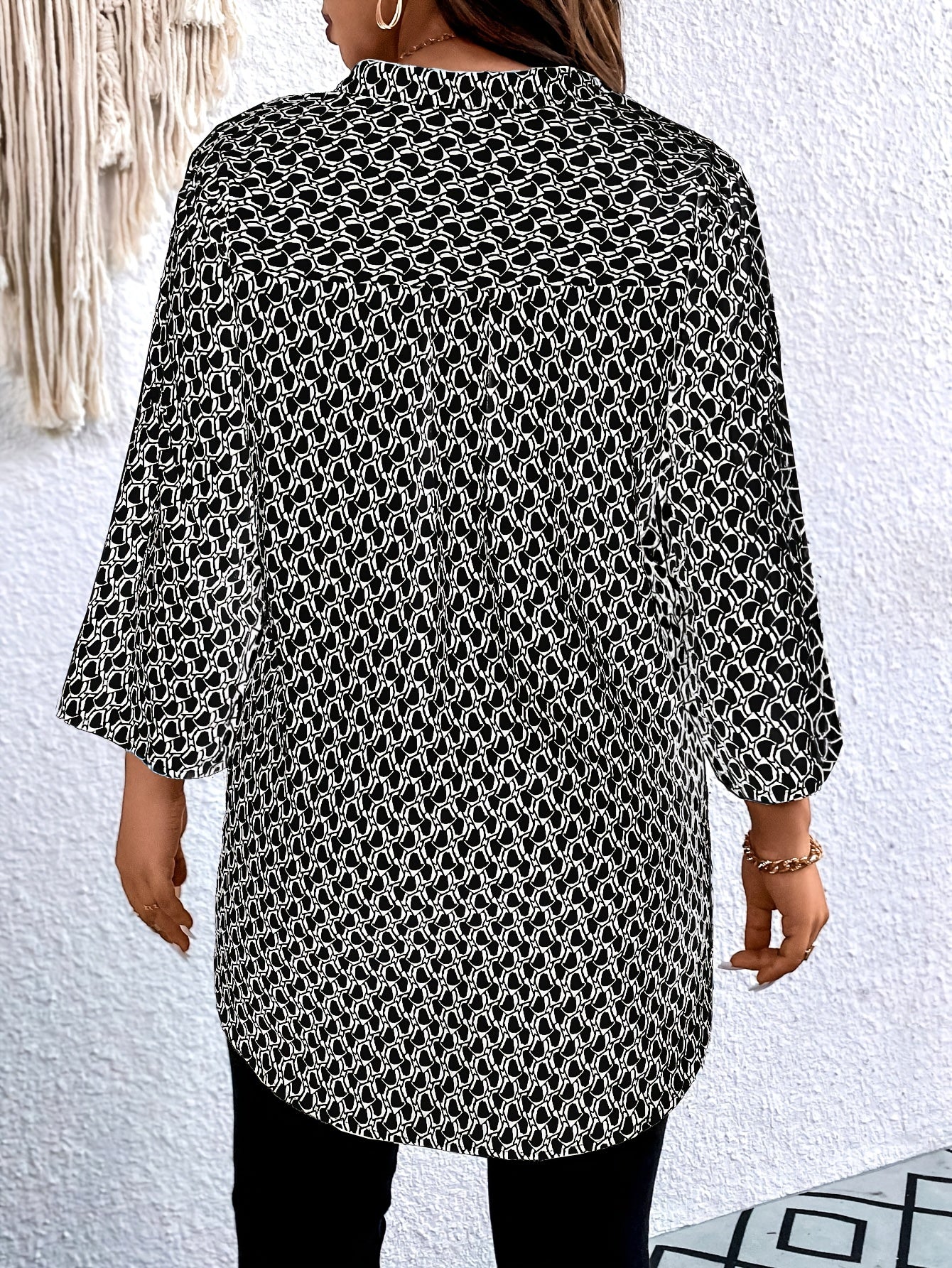 Plus Size Casual Tunika Bluse Med Print Og Rulleærmer