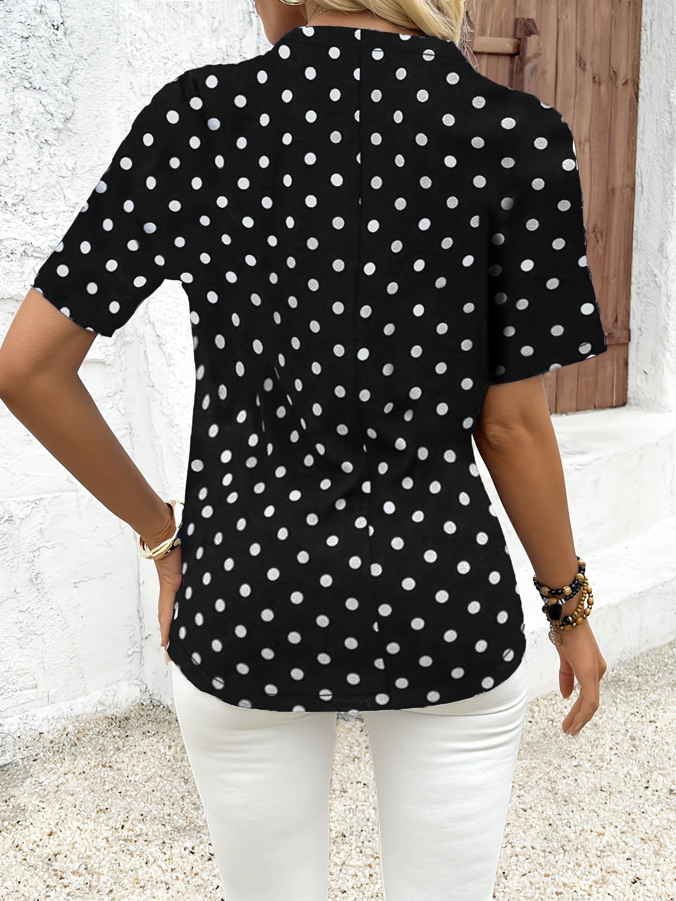 Polka Dots Print V Neck Blouse, Elegant Zipper Front Short Sleeve Blouse For Spring & Summer, Women's Clothing