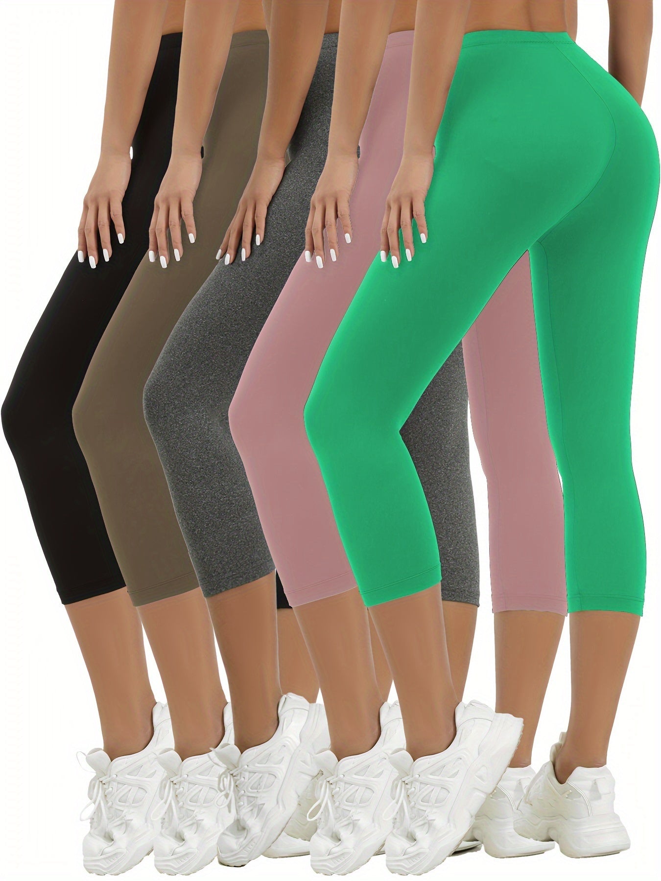 5pcs Super Soft Capri Pants For Women, No See Through Workout Running Yoga Athletic Capri Leggings, Women's Activewear