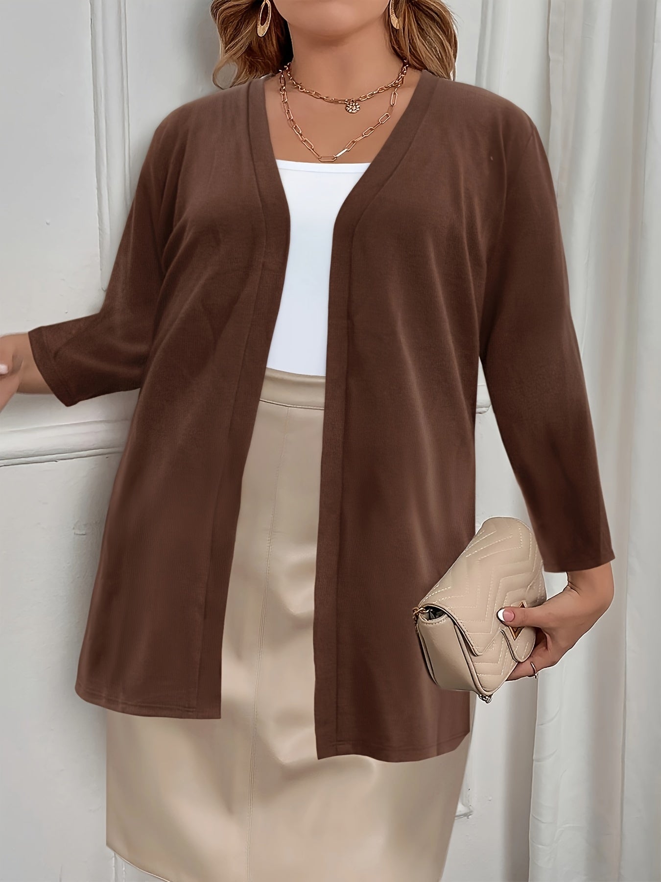 Plus Size - Women'S Plus Size Long Sleeve Cardigan - Elegant Mid-Length Open Front Sweater, Solid Color, Lightweight & Warm for Fall/Winter, Versatile Layering Piece, Casual Elegance, Relaxed Fit, Soft Texture, Casual Wear