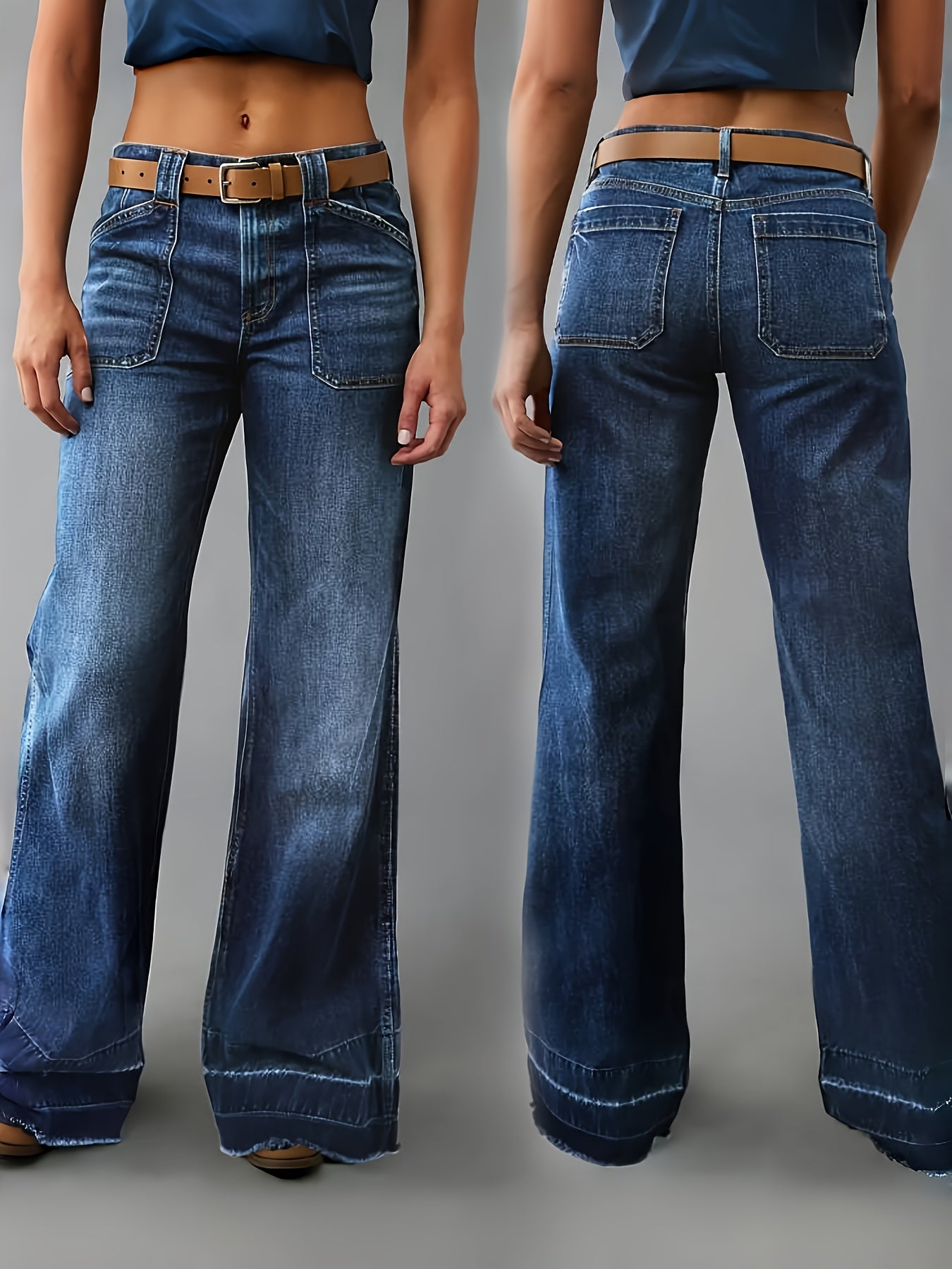 Women'S Fashionable Wide-Leg Jeans with Diamond Patch Pockets - Casual Blue Denim, Mid Waist, Boot Cut, All-Season Wear, Casual Attire Jeans|Bootcut Jeans|Polyester Fabric