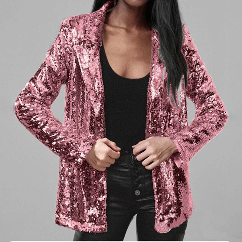Women’S Blazer – Sequin Embellished – Tailored Fit – Open Front Notch Lapel – Full Sleeve