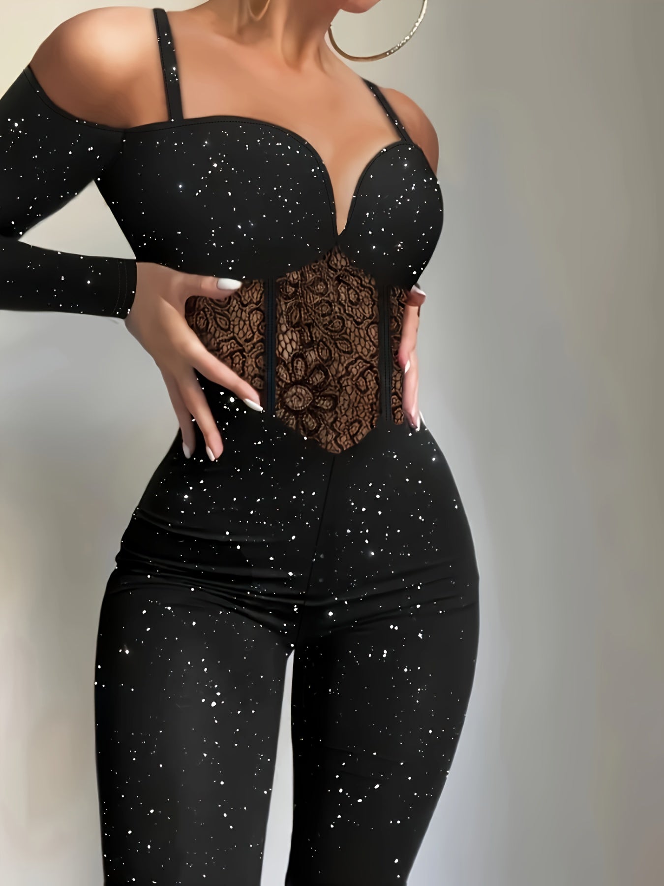Women's Sexy One-Piece Long Sleeve Bodysuit - Off-Shoulder/One-Shoulder Design with Lace Detailing & Mesh Panels, Solid Black, Machine Washable, All-Season Versatile Wear for Parties, Night-Outs & Casual Events, Party Outfit, Offshoulder Fashion, Elegant