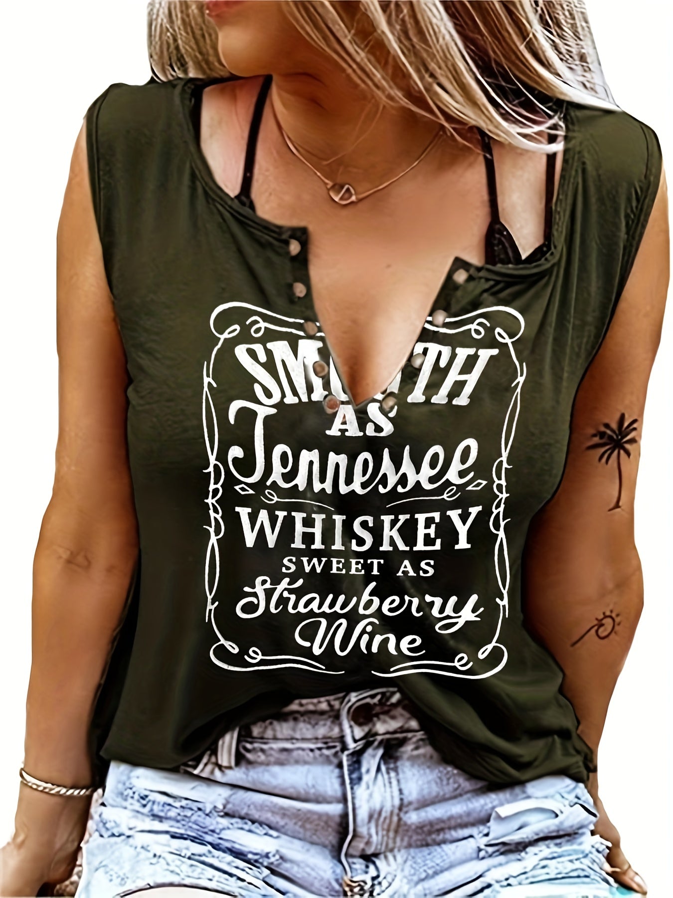 Smooth As Tennessee Whiskey Sweet As Strawberry Wine Women's Tank Top - Soft Pink Sleeveless V-Neck Casual Shirt with Bold Letter Print, Thick Strap Country Music Style, Machine Washable All-Season Wear, Festive Concert Attire, Nontransparent Fabric