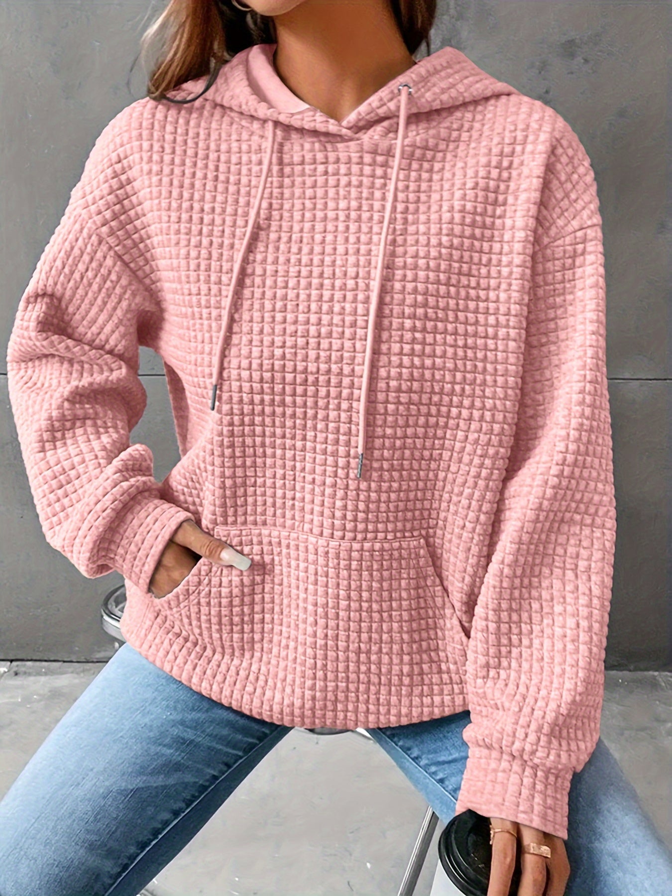 Women'S Casual Long Sleeve Waffle Hoodie - Solid Color Round Neck Sweatshirt with Drawstring Hood, Cozy Fall/Winter Pullover for Casual Attire, Casual Wear Hoodie | Drawstring Hooded Sweatshirt | Construction, Sweater Hoodie