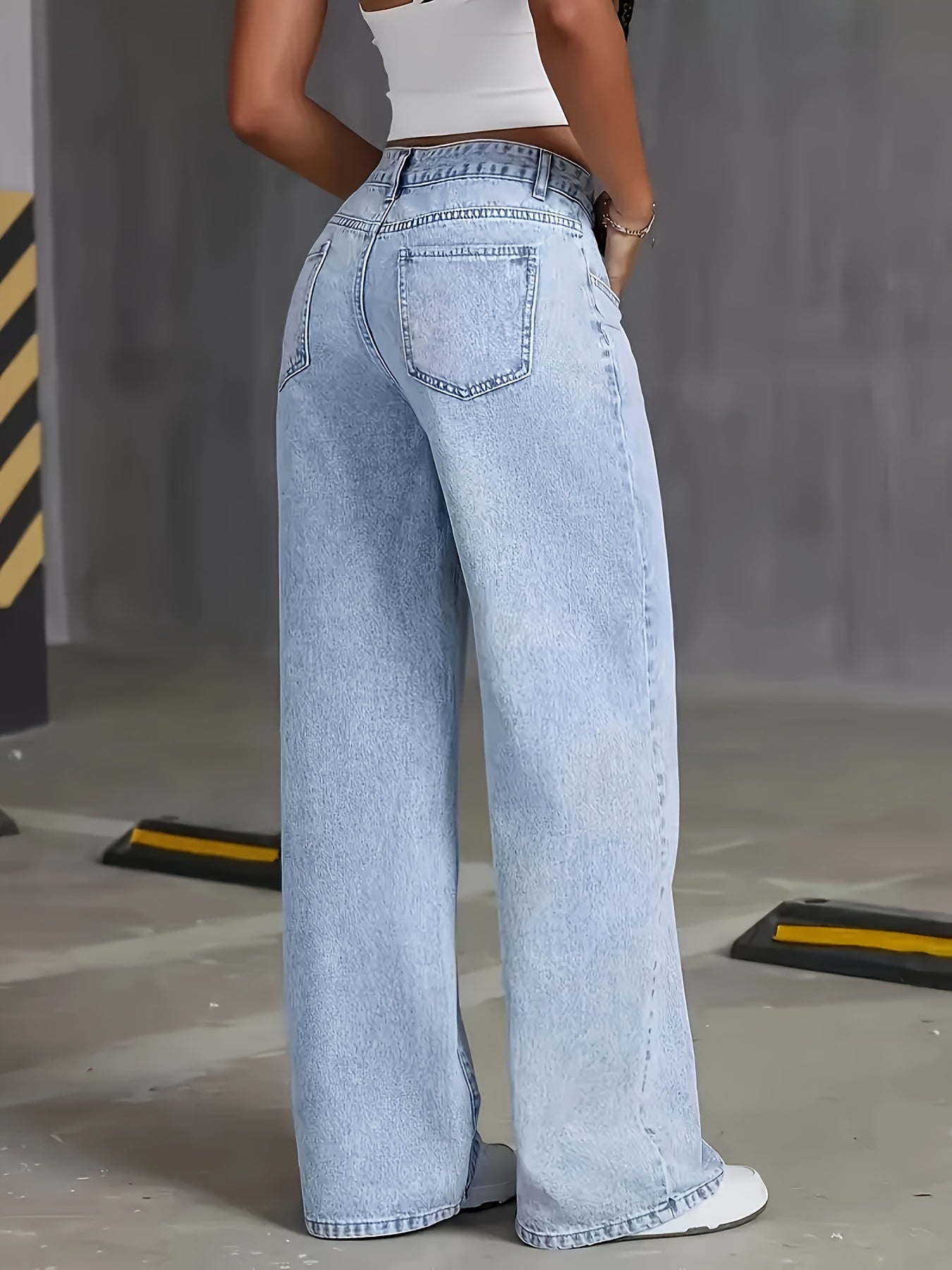 Women'S Light Blue Wide Leg Denim Jeans - Casual Loose Fit with Button Fly, Non-Stretch Fabric, Long Length for Weekend Wear, All-Season Comfort, Jeans for
