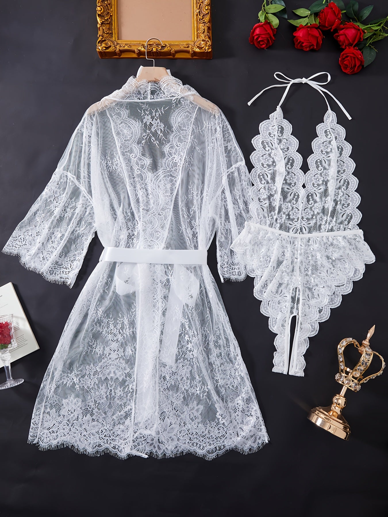 Deep V Contrast Lace Sexy Bodysuit Set - Perfect Pajama Ensemble