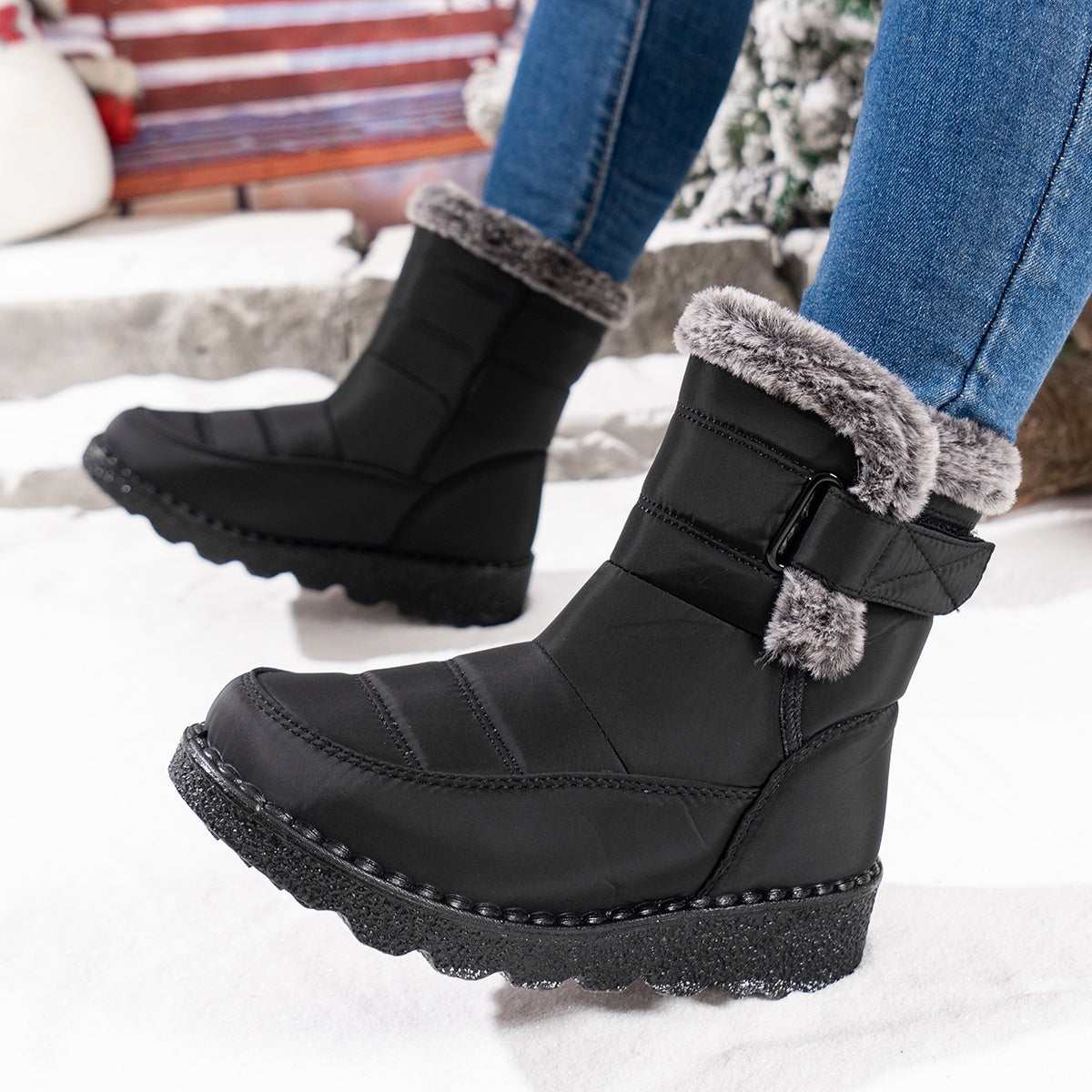 Women'S Slip-On Ankle Boots - Winter Warmth with Plush Lining, Soft Sole & Flat Heel - Black Casual Boots for Cold Weather Comfort, Hand Washable Fabric Upper & Synthetic Cover Outsole, Winter Boots, Cold Weather Footwear, Sleek Boot Design, Durable Foot
