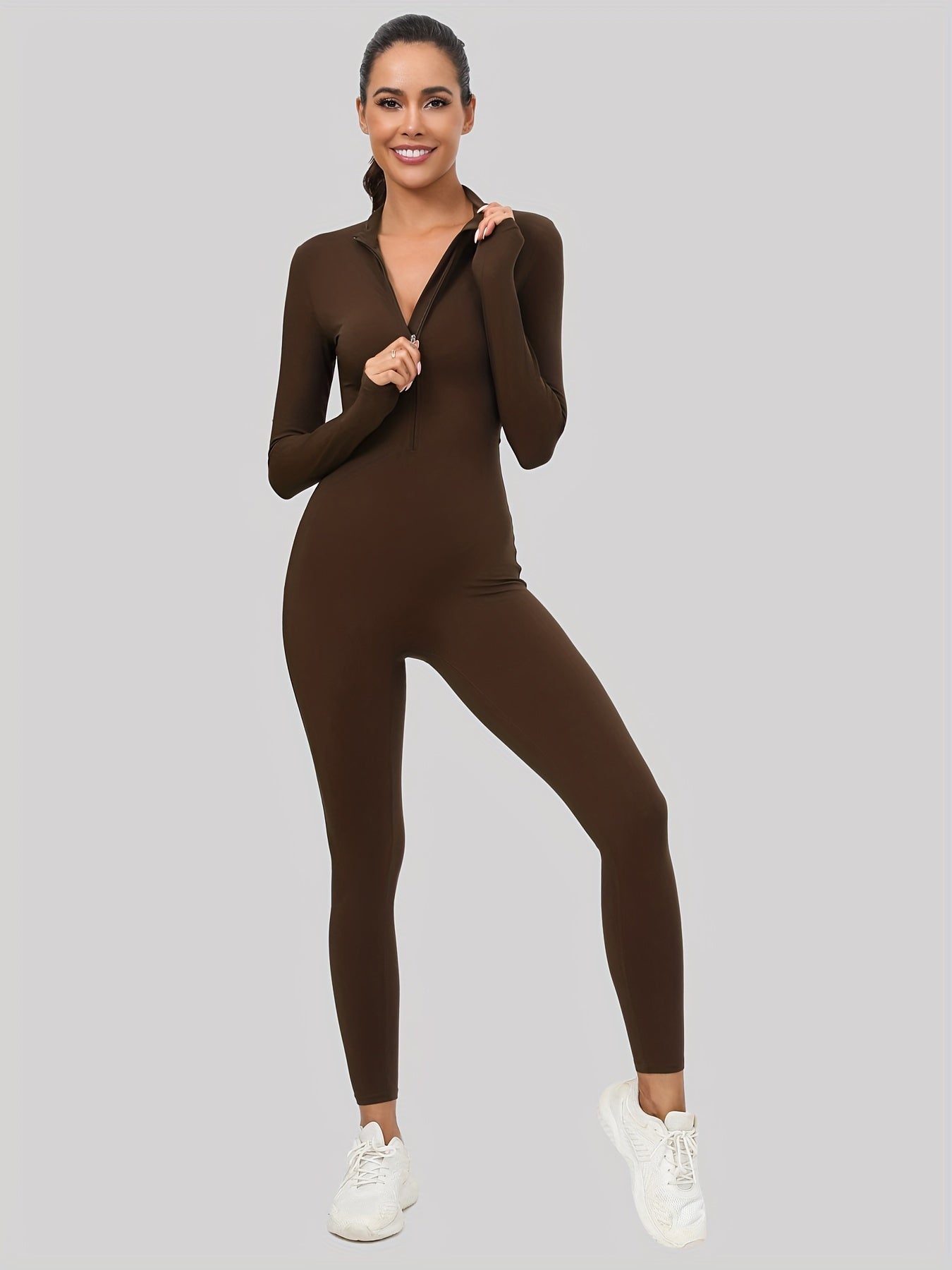 Women's High-Stretch Full-Body Yoga Jumpsuit with Zipper - Long Sleeve, Thumb Holes, Non-See-Through Nylon Activewear for Aerial Yoga, Dance & Fitness, Fitness Apparel|Modern Activewear|Comfortable Wear