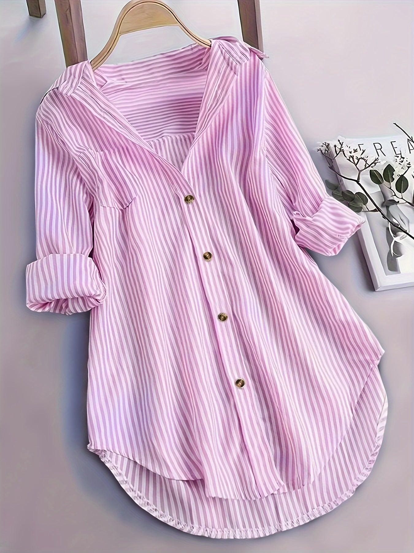 Stribet Damebluse Skjorte Langærmet Med Knapper Elegant