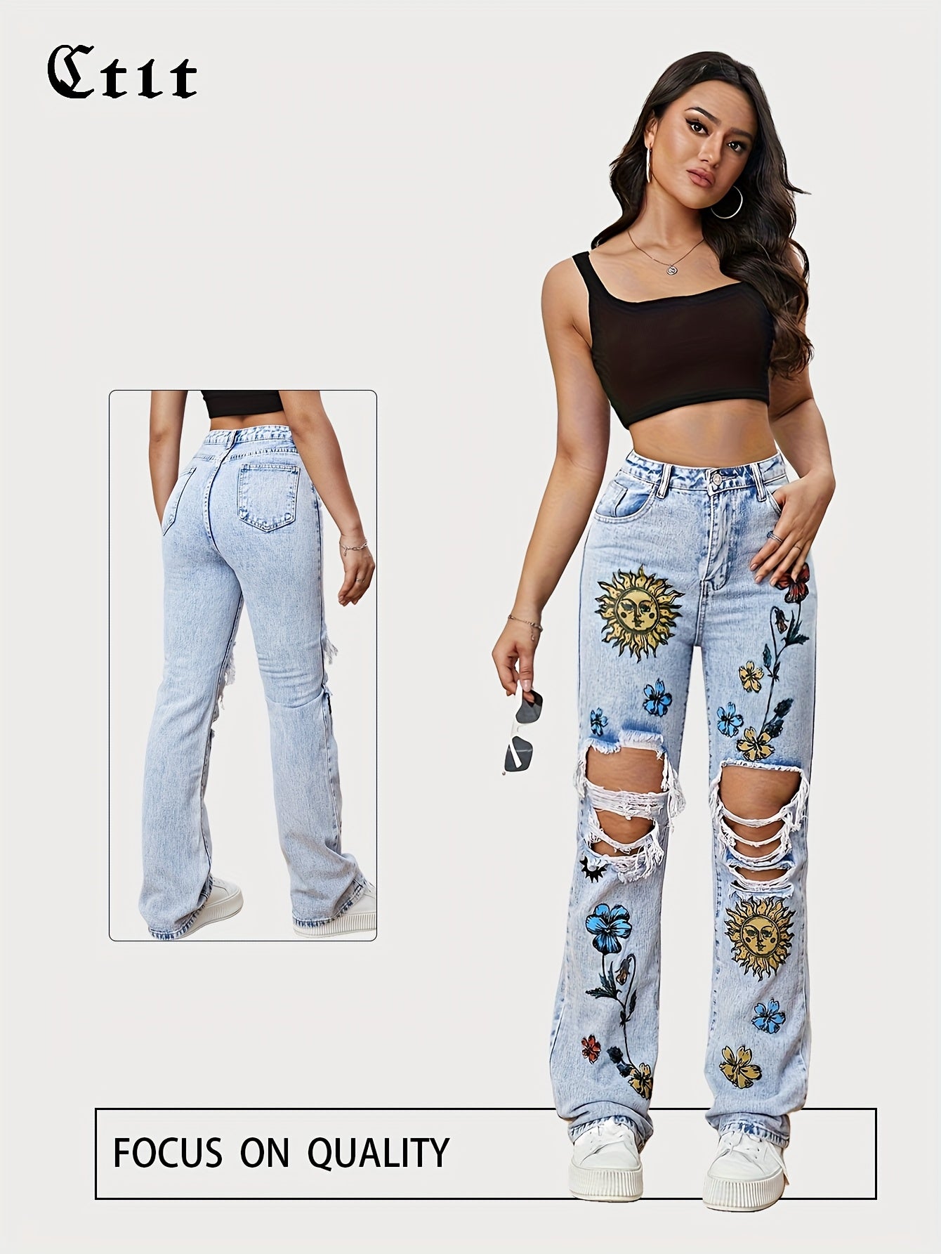 Carnaval Floral Print Ripped Straight Jeans, Loose Fit High Waist Distressed Slash Pockets  Music Festival Denim Pants, Women's Denim Jeans & Clothing