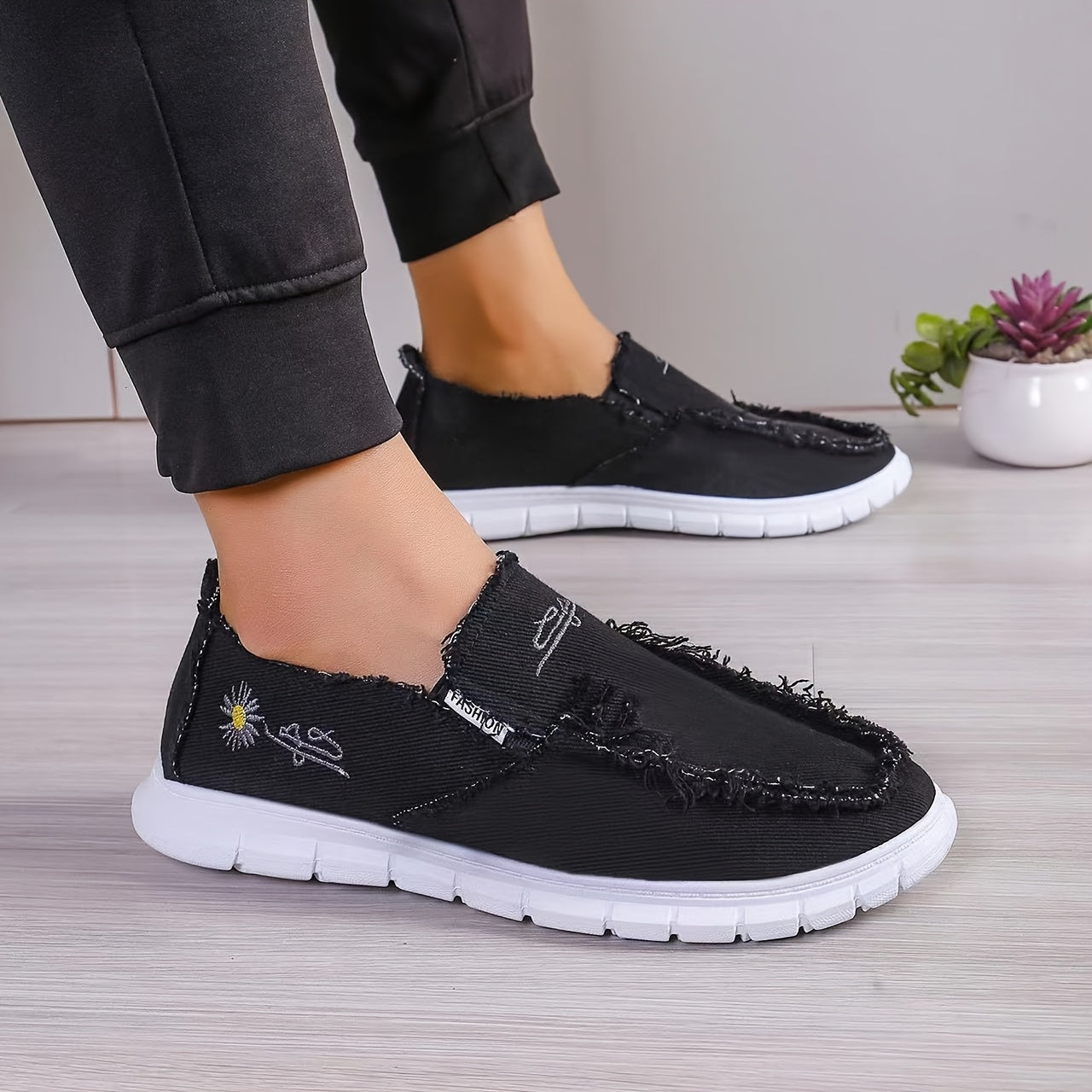 Women'S Casual Slip-On Loafers with Floral Embroidery - Soft Washed Fabric, Non-Slip Rubber Sole, Lightweight & Durable for All-Season Comfort, Beige with Orange Accents, Ladies Shoes
