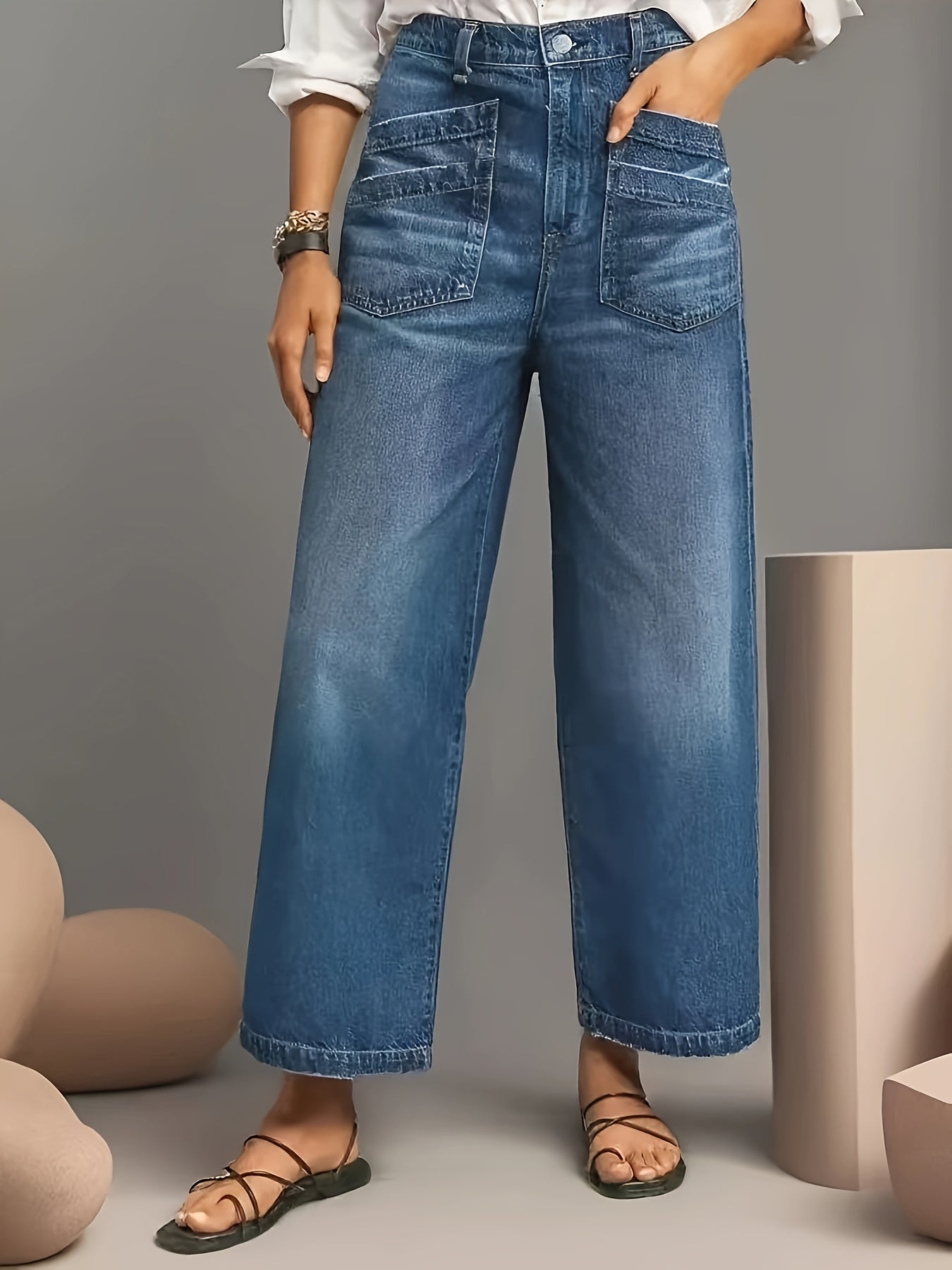 8812# Elastic Mid-Waist Wide Leg Jeans Retro Washed Pants with Brushed Hem and Slanted Pockets