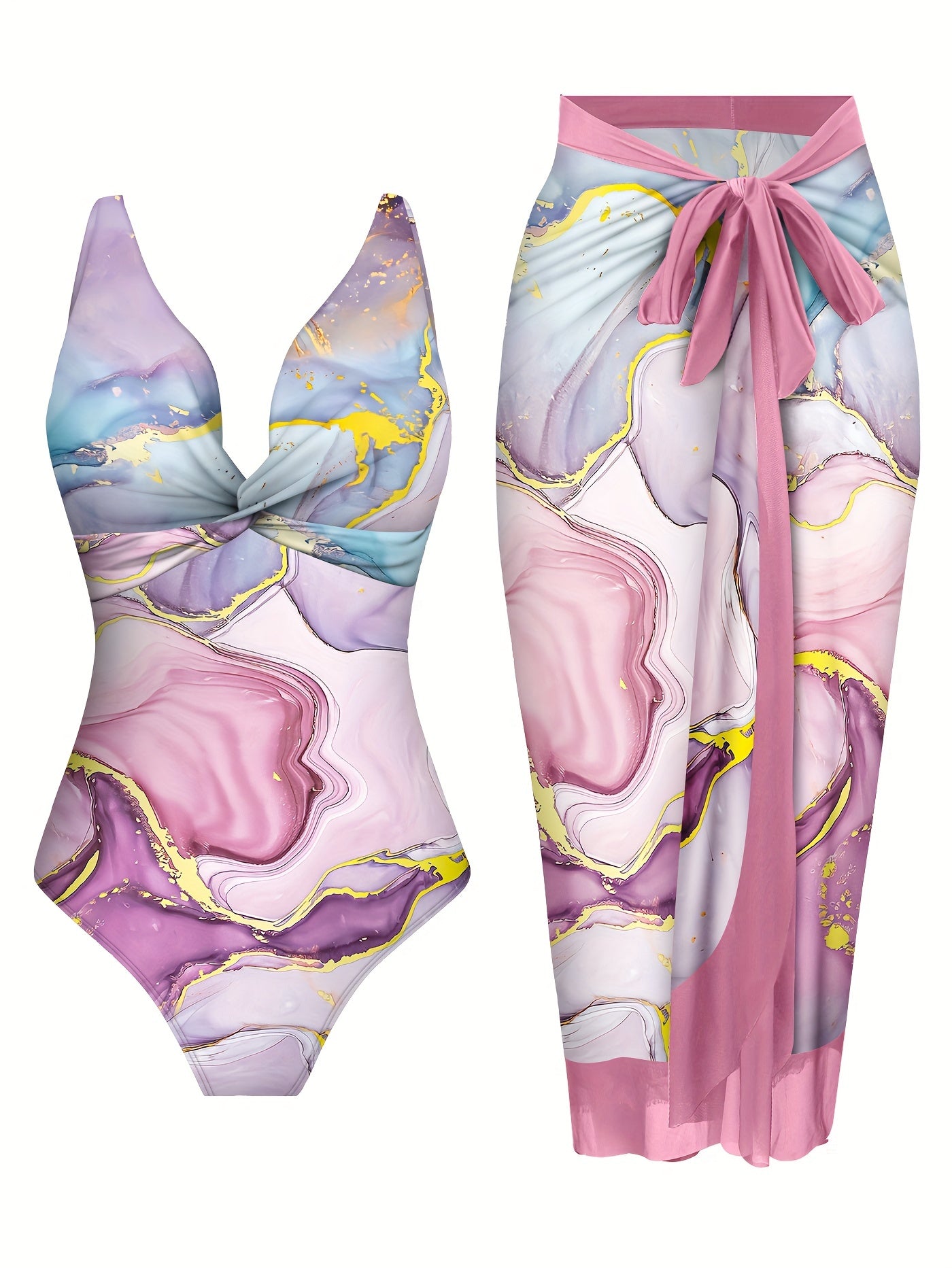 Two-piece Set of Ocean Gilt Print Bodysuit and Wrap Skirt in Twist Style