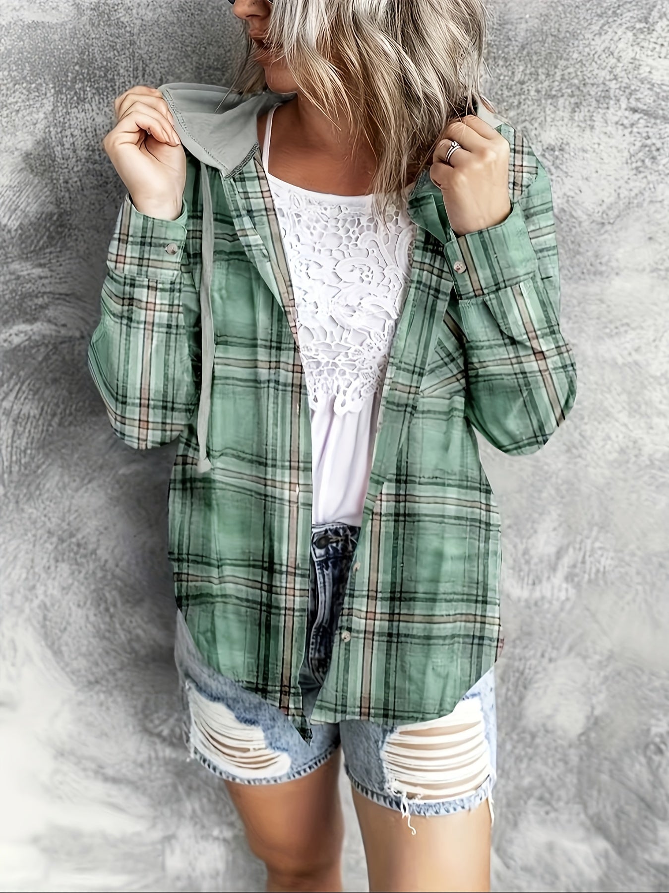 Women's Green Plaid Hoodie Jacket - Button-Front Hooded Cardigan, Long Sleeve Non-Stretch Outerwear for Spring/Fall/Summer Layering, Everyday Casual Outfits (Non-Stretch Fabric), Fall Fashion, Relaxed Fit, Structured Fabric, Spring Wardrobe