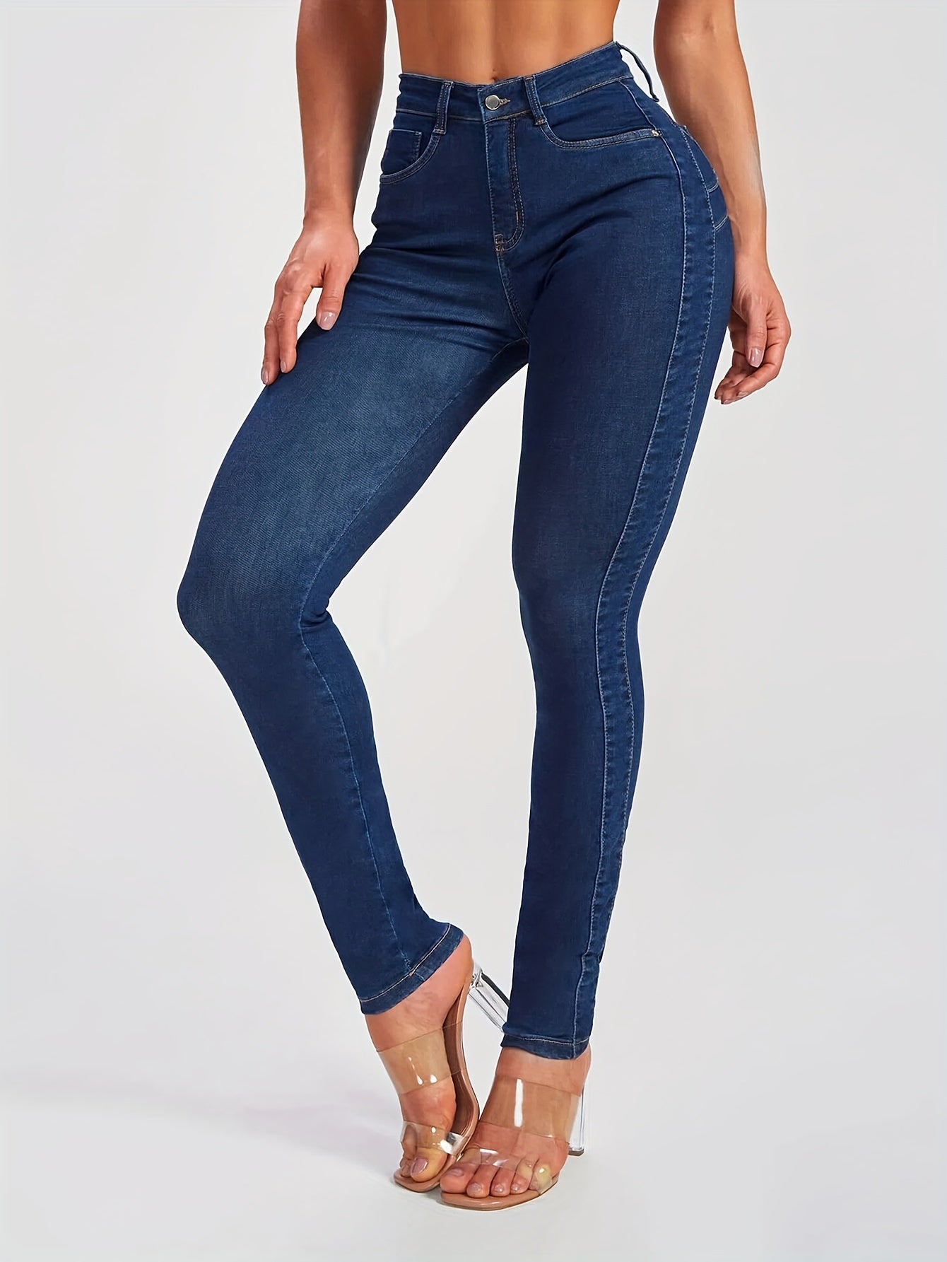 Women's High-Waisted Skinny Jeans, Sexy Solid Color Denim, Stretch Fabric, Washed Detail, for Fall/Winter