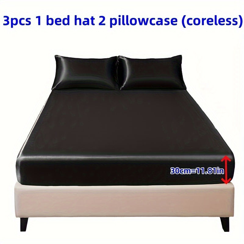 3pcs 100% Polyester Satin Fitted Sheet Set [1 Fitted Sheet 2 Pillowcases (Coreless)] Skin-Friendly, Soft And Silky Fabric Student Dormitory Daily Home Bedding Mattress Protector Universal Style for All Seasons Machine Washable No Shrinkage No Static Elec
