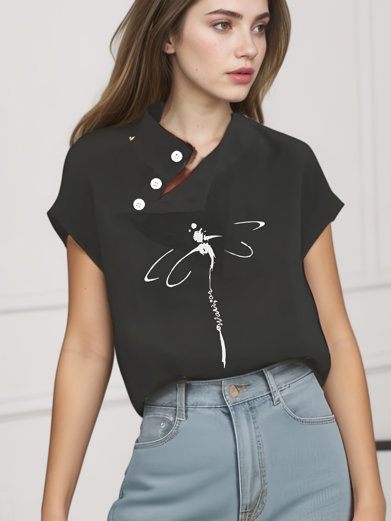 Women'S Lightweight Summer Blouse with Cherry Blossom Print - Casual Short Sleeve, Button-Up, Non-Stretch Fabric, Perfect for Outdoor Wear, Casual Summer Wear|Cultural Fashion|Non-Stretch Fabric, Cherry Blossom Themed Items