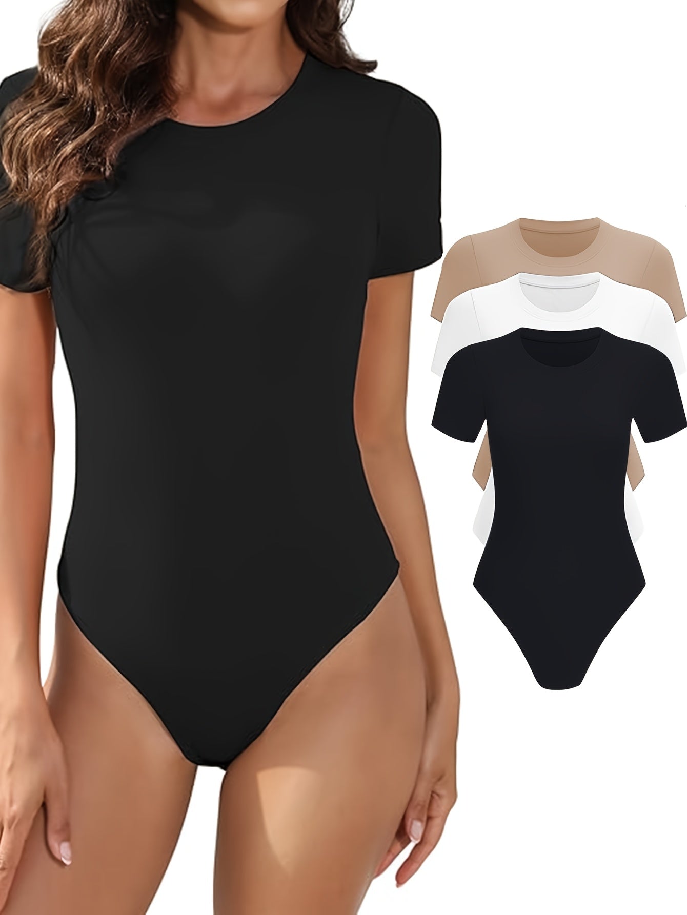Women's Short Sleeve Bodysuit Round Neck Basic Comfortable Tight-Fitting Set of 3pcs