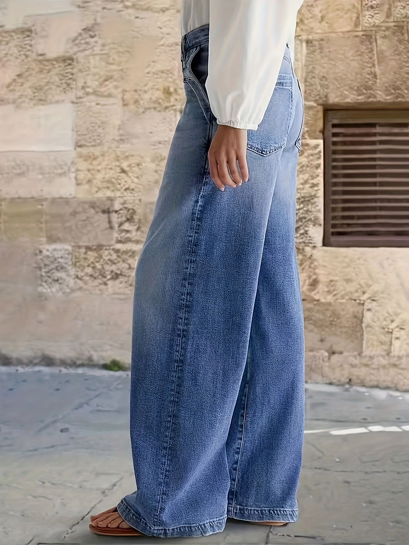Women'S Stretchy Straight-Leg Wide Leg Jeans, Light Blue Washed Casual Pants with Slanted Pockets, Comfortable Classic Fit for All Seasons, Travel & Daily Wear, Comfortable Fashion | Classic Wide Leg | Medium Stretch Fabri