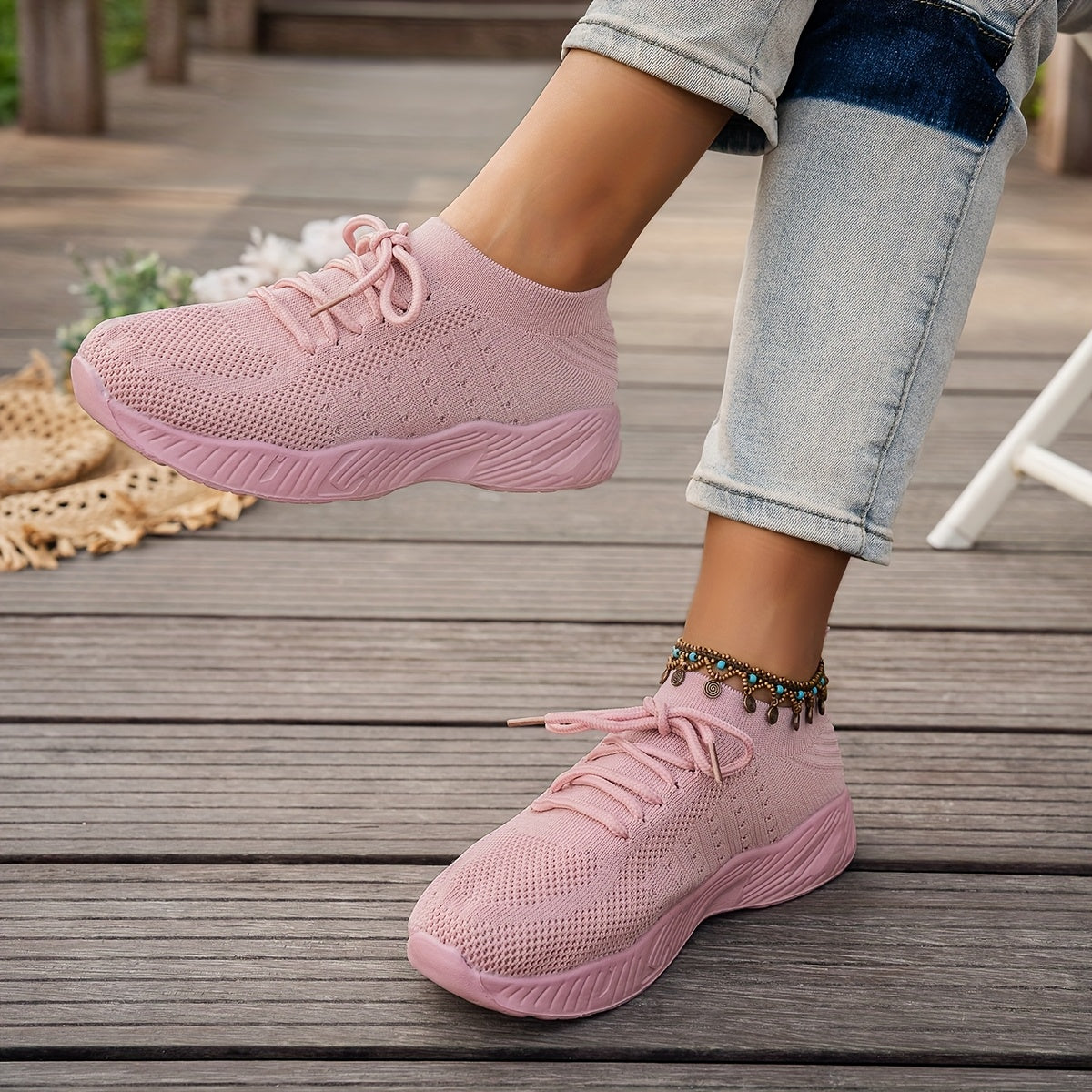Women'S Breathable Knit Sneakers - Lightweight EVA Sole, Low-Top Lace-Up Running Shoes, All-Season Comfort, Pink Casual Sneakers for Casual Attire, Casual Sneakers | Fashion Sneakers | Lightweight Shoe