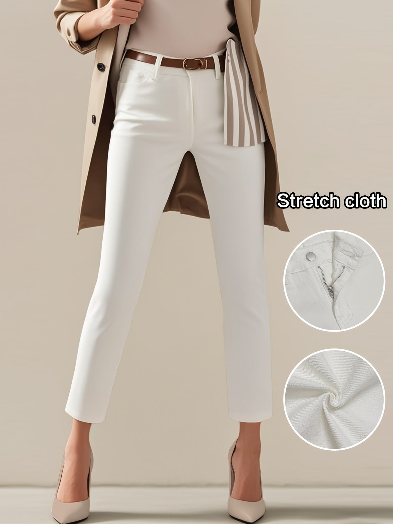 Women's new stretchy straight white capri jeans, classic washed solid color business casual cropped pants, soft and comfort pantalones, elegant Women's clothing, high-waisted tummy-control denim trousers fit for work, travel and office wear.