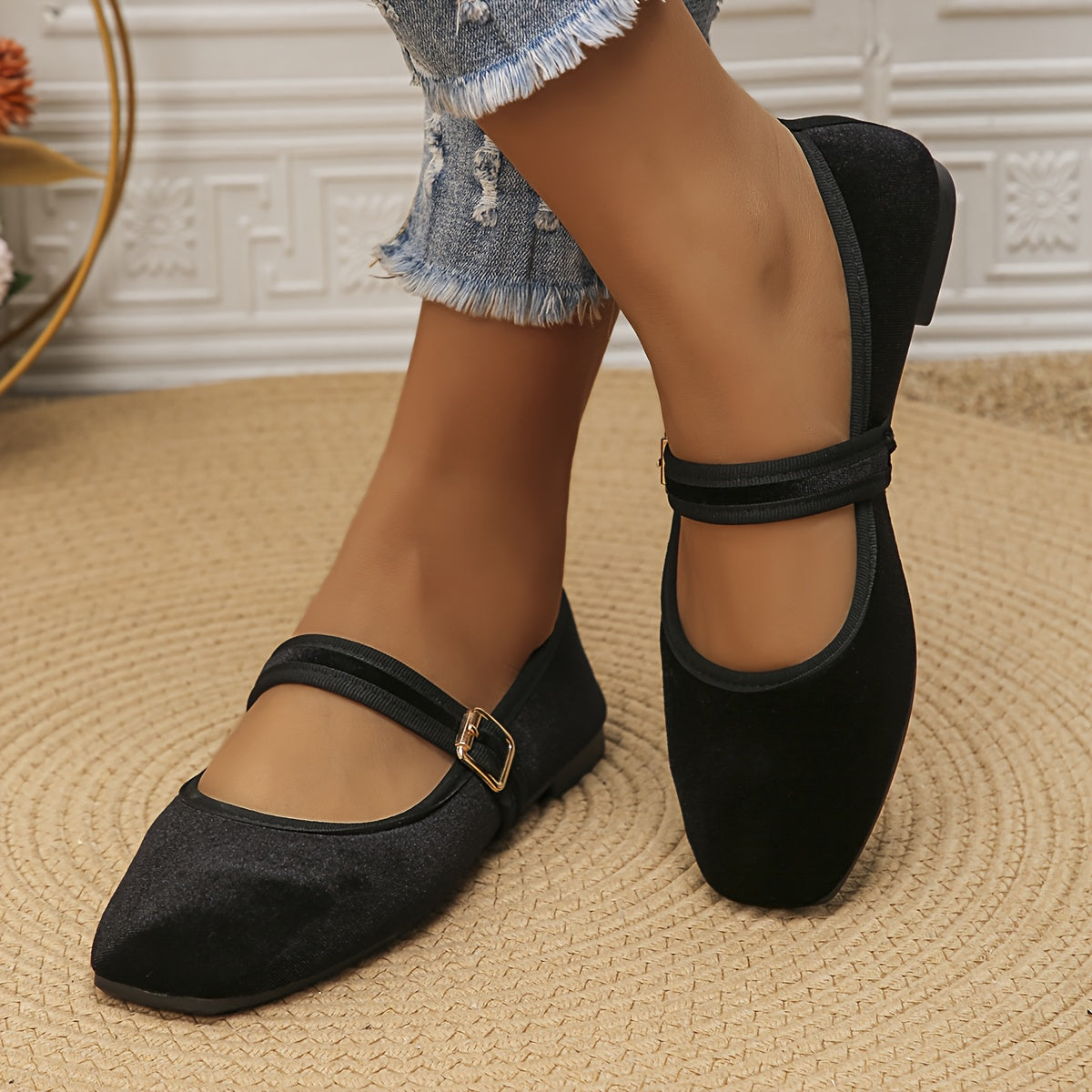 Women's Classic Mary Jane Flats with Buckle Closure - Round Toe Comfortable Casual & Semi-Formal Shoes, Black Solid Color, Soft Fabric Upper & Lining, Durable Rubber Sole, All-Season Versatile Everyday Footwear, Shoes for Women Comfortable, Ladies Shoes,