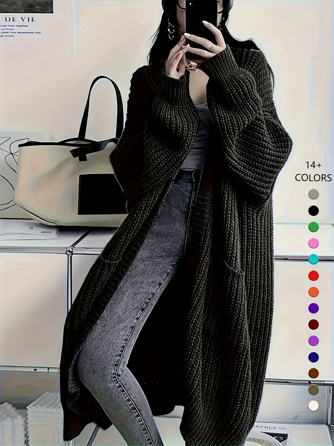 Solid Open Front Cardigan, Casual Long Sleeve Drop Shoulder Long Length Outwear, Women's Clothing