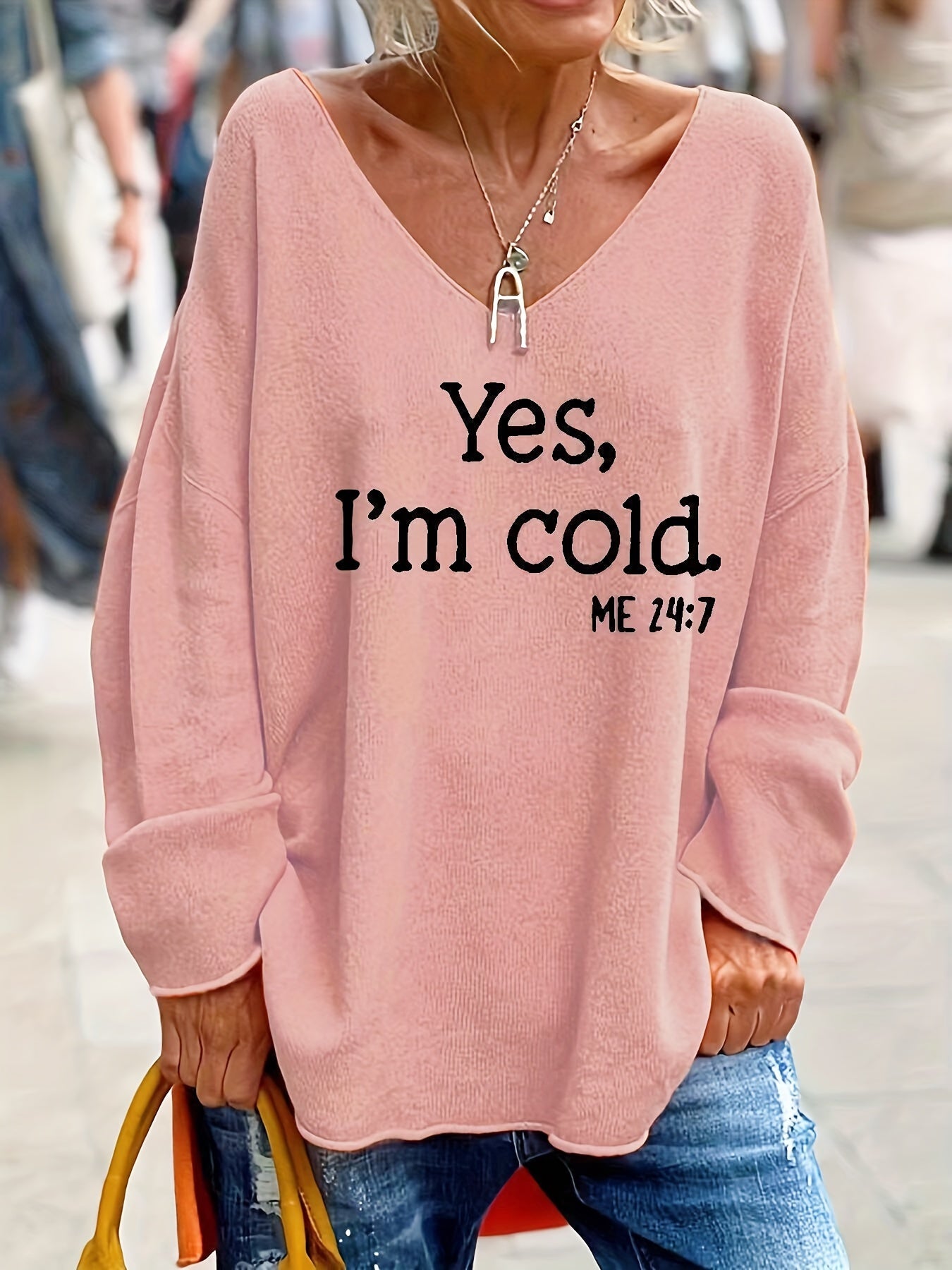 Women's Casual V-Neck Sweater with "Yes I'm Cold ME 24/7" Print - Bright Orange Relaxed Fit Fall Winter Warm Pullover, Winter, Everyday Comfort Wear, Comfortable Fabric
