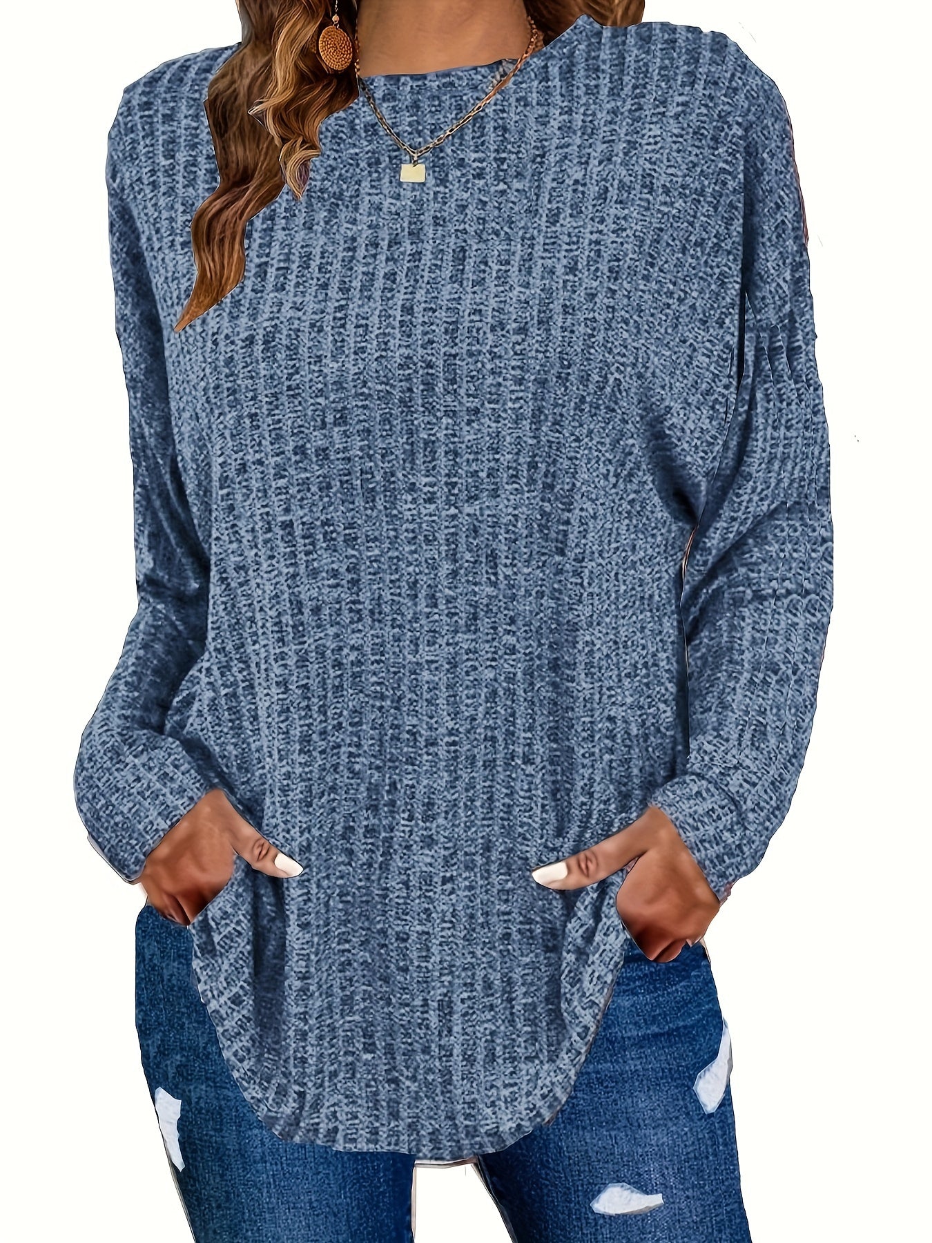 Women's Plus Size Casual Pullover Sweater - Solid Color Drop Shoulder Long Sleeve Round Neck Top, Medium Stretch Cozy Fall Winter Layering Essential, Relaxed Fit for Casual Attire, Sweater, Mediumstretch Fabric