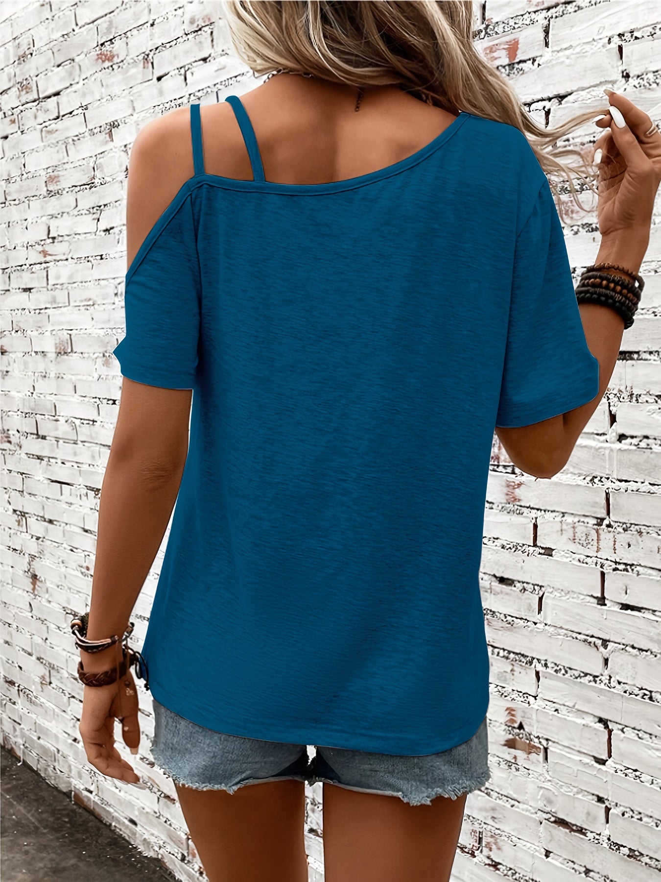 Heart Print One Shoulder T-shirt, Elegant Short Sleeve Top For Spring & Summer, Women's Clothing