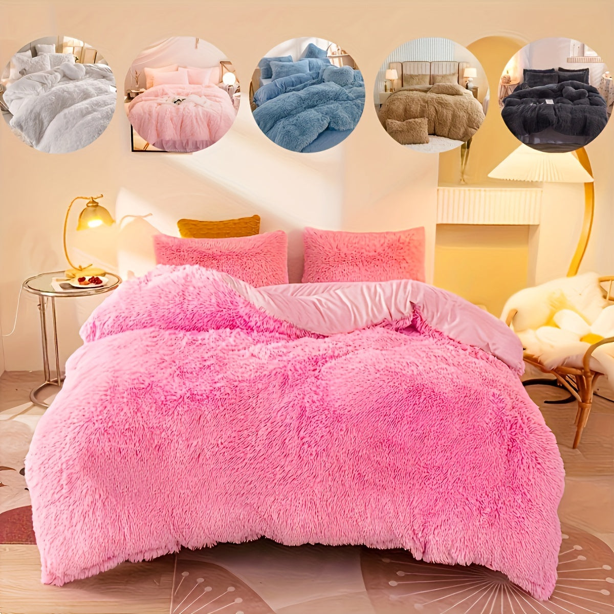 3pcs Solid Color Long Plush Quilt Cover Set