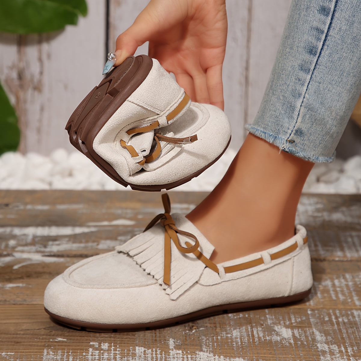 Women's Slip-On Moccasin Loafers - Beige Round-Toe Shoes with Fringe Tassel Strap & Beige Bow Accent, Soft Fabric Upper & Arch Support, All-Season Casual to Formal Footwear, Comfortable Slip-Resistant Rubber Sole (Hand Washable) - Beige Moccasin Loafers