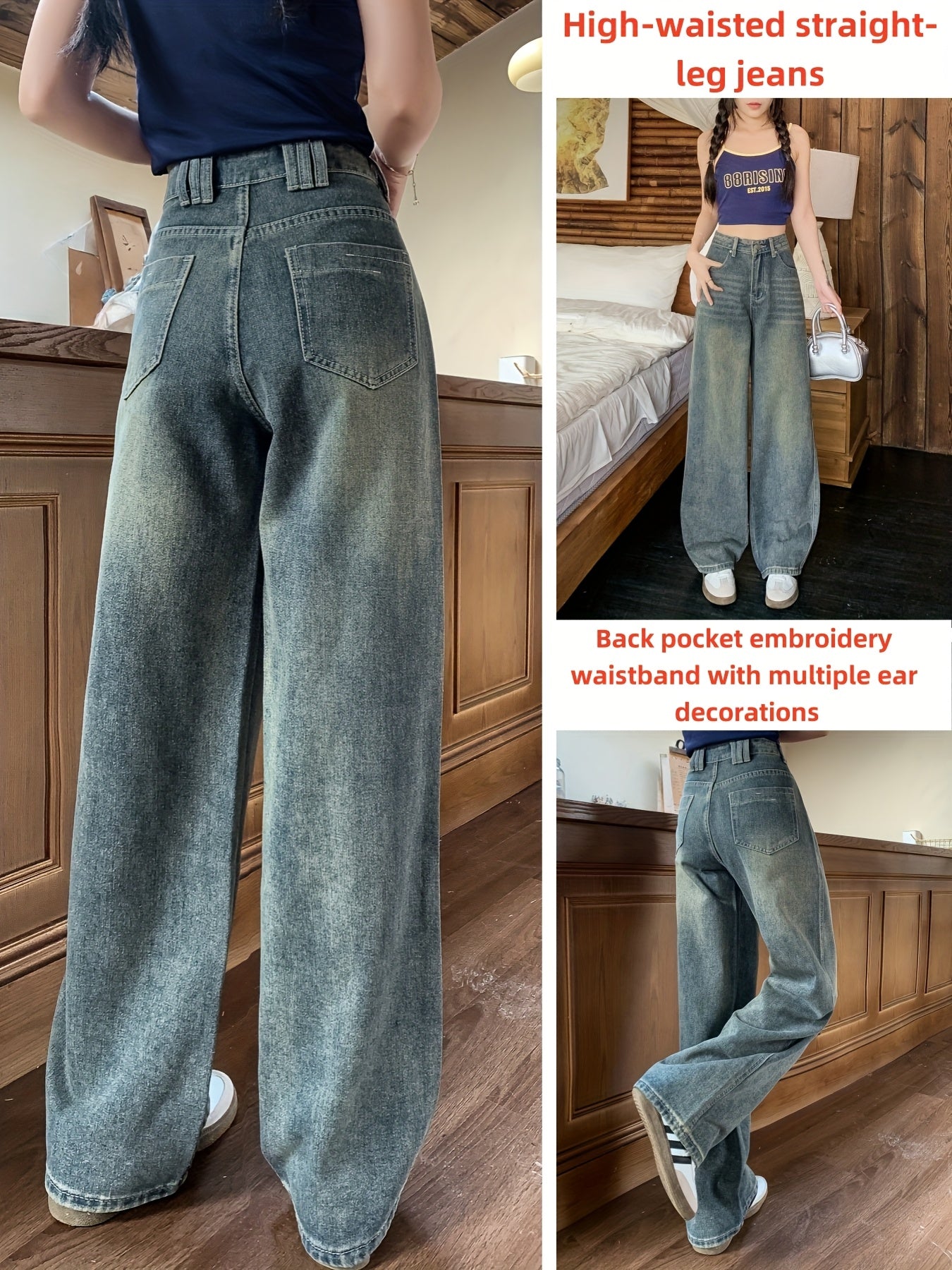 Women'S High-Waisted Straight-Leg Jeans with Back Pocket Embroidery & Waistband Decorations - Vintage Wide-Leg Denim Pants, Non-Stretch Fabric, Geometric Pattern, All-Season Casual Wear, High Waisted Jeans, Comfortable Fit