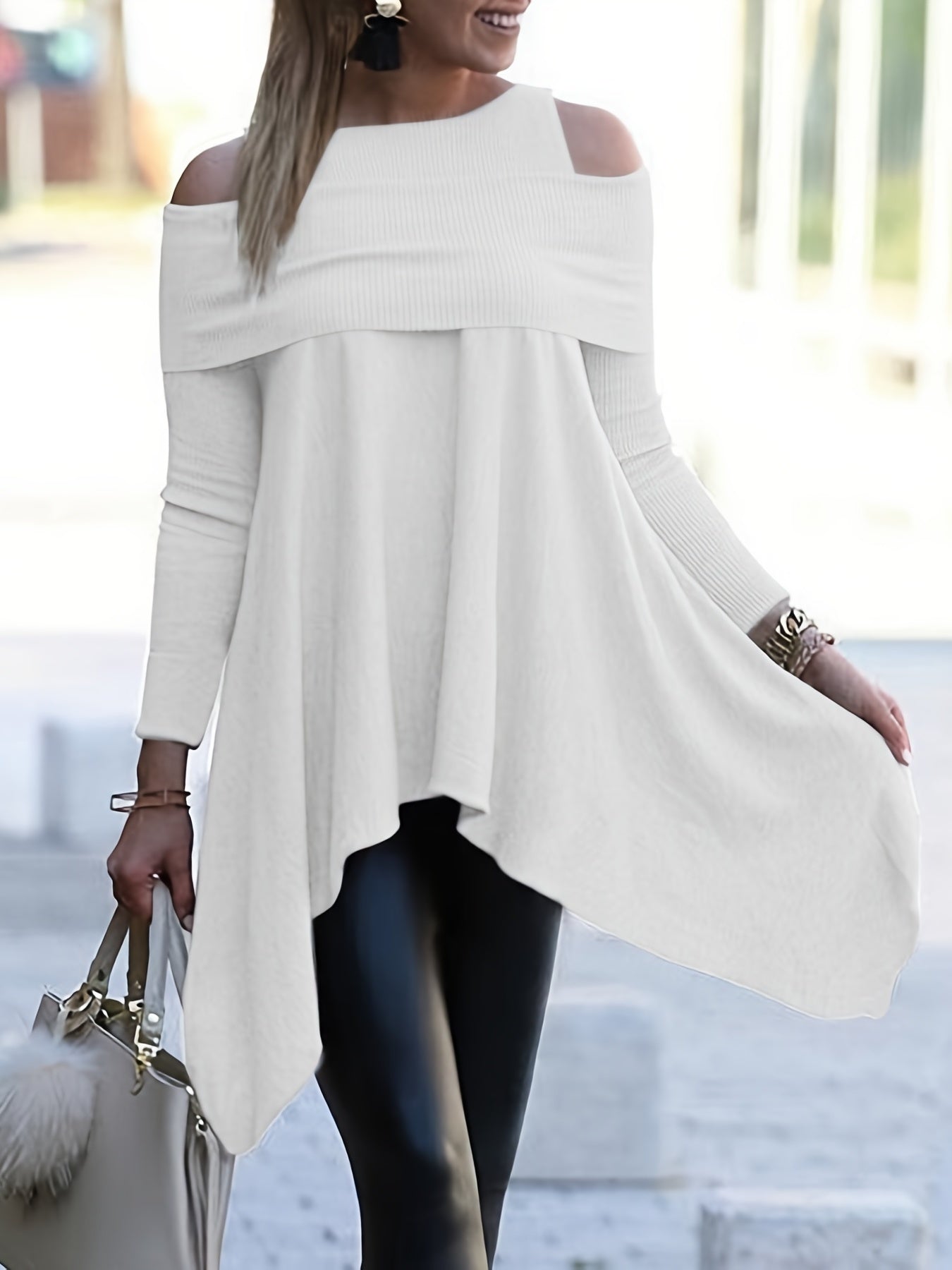 Women's Chic Off-the-Shoulder Long Sleeve Sweater - Stretchy Non-See-Through Pullover, Elegant Party & Everyday Outfits - Machine Washable Women's Fashion Tops, Ladies Sweaters, Casual Wear, Relaxed Fit, Nontransparent Fabric