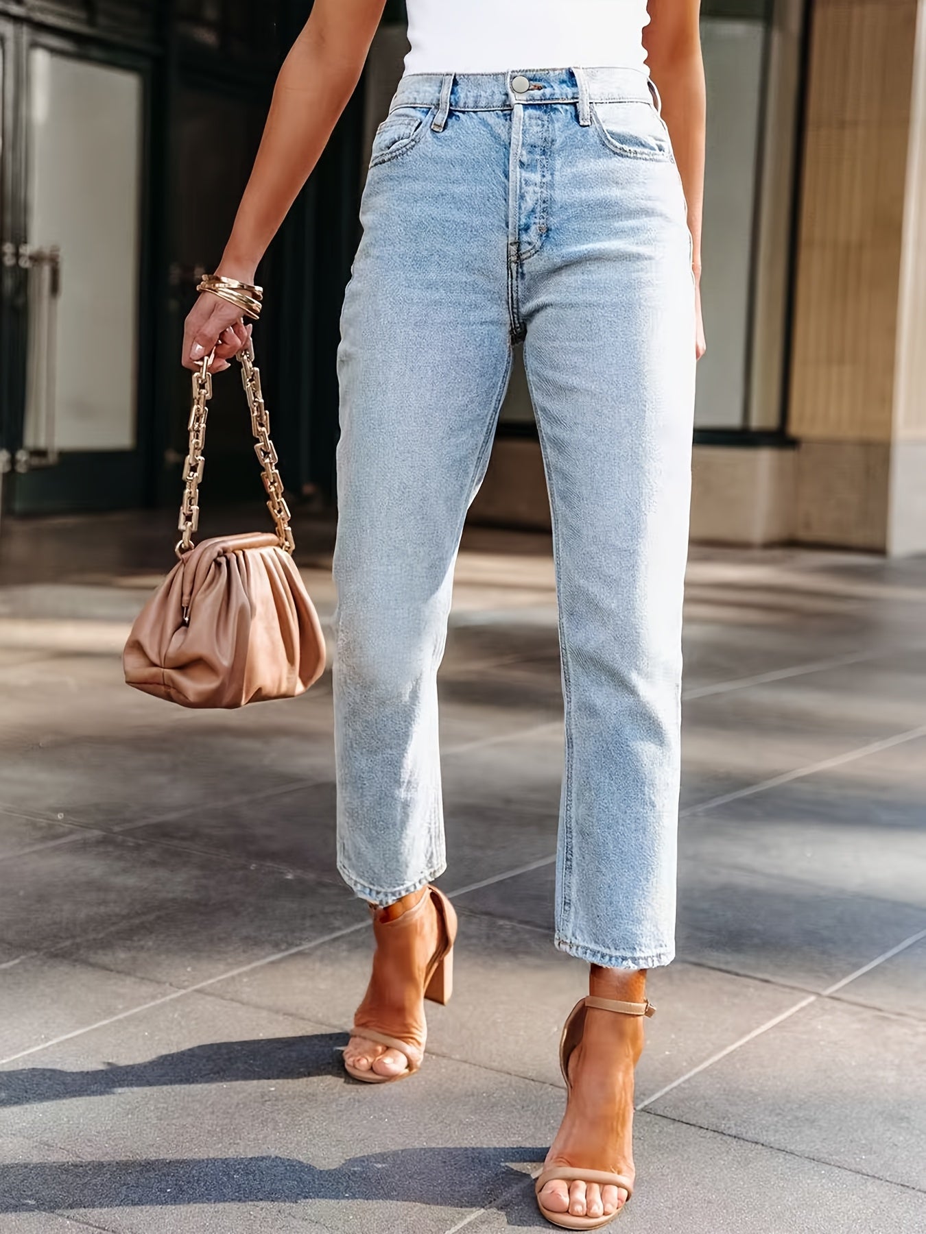 Women'S Summer Stretch Denim Mid-Rise Jeans - Elegant Light Blue Straight-Leg Trousers with Pockets, Comfortable & Breathable for Travel & Work, High-Waisted Design, Button Detail, All-Season Wear, High Waisted Jeans, Stylish Casual Wear, Durable Fabric
