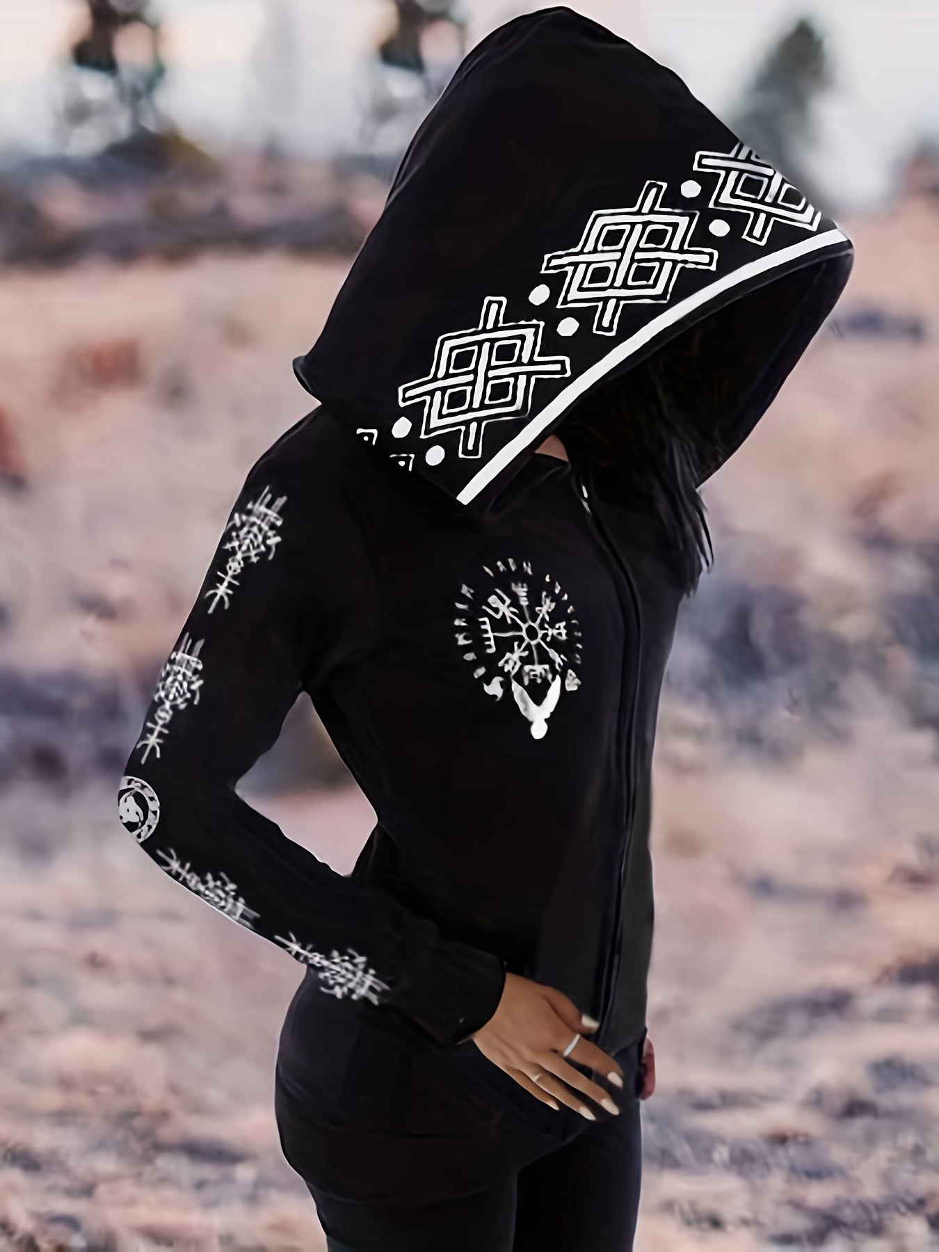 Tribal Viking Totem Contrast Print Zipper Hoodie