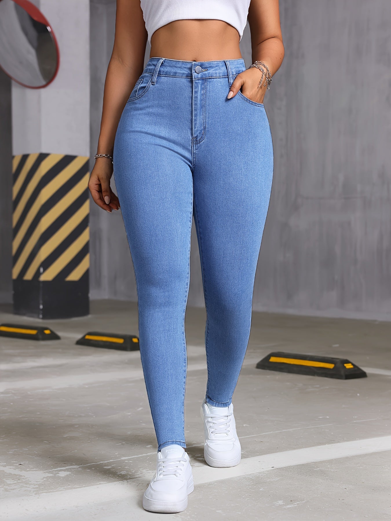 Women'S High-Waisted Stretch Denim Jeans - Elegant Skinny Fit, Light Blue Washed, Comfortable All-Season Wear, Casual Style, High Waisted Jeans