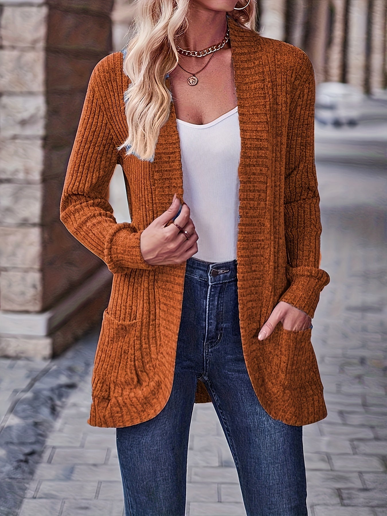 Elegant Directional Style + Fashionable Loose Casual Solid Color Ribbed Pocket Patchwork Long Sleeve Top