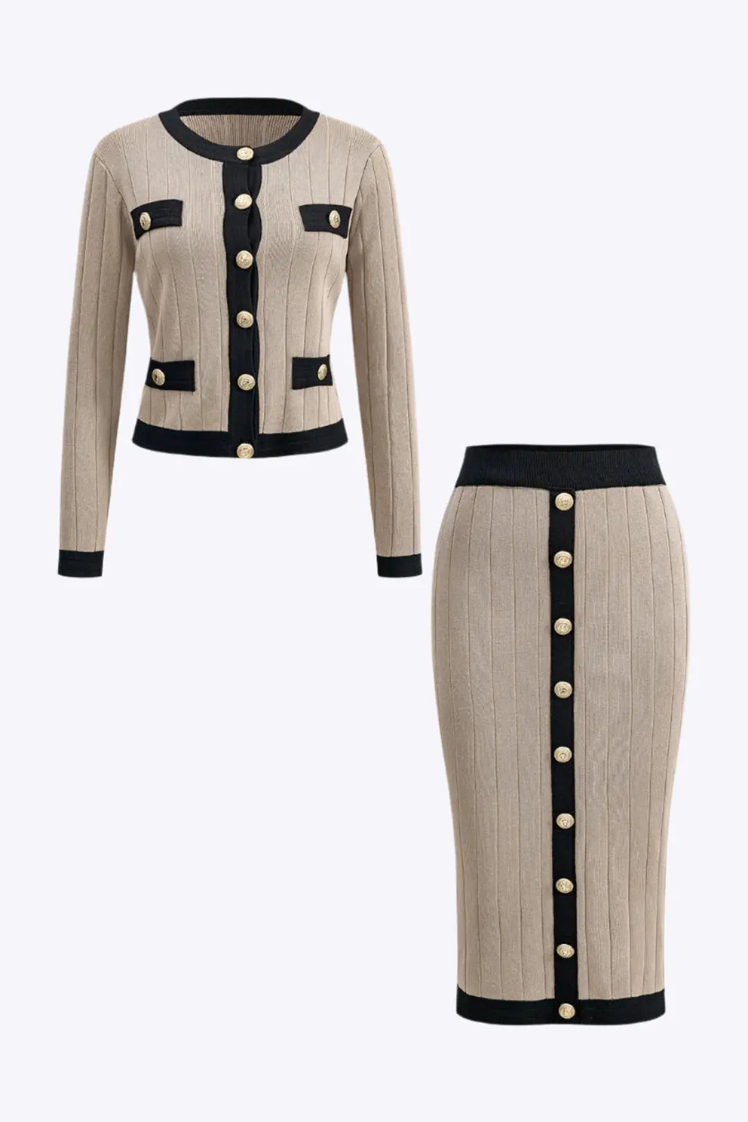 Sabella – Chic Strikket Knap Kvinde Cardigan og Nederdel Sæt-Cardigans-Zuruz-Kaki-S-Zuruz