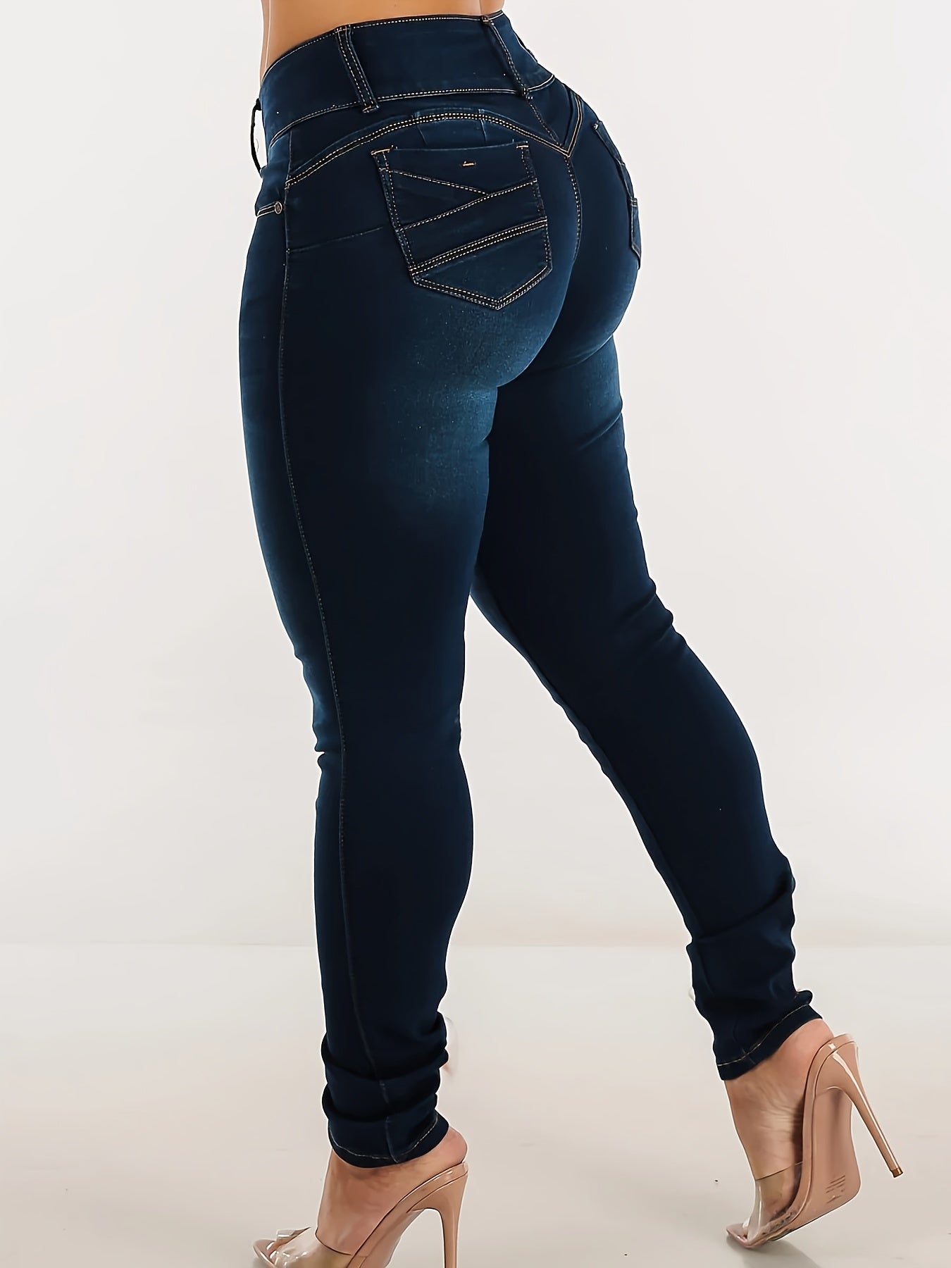 Women'S Sexy Geometric-Pattern Denim Jeans, Mid-Waist Skinny Fit with Wide Back Pockets, Multi-Button Detail, All-Season Long Length, 85% 13% Polyester 2% Elastane, Woven Fabric 240g/m² - Going Out Fashion