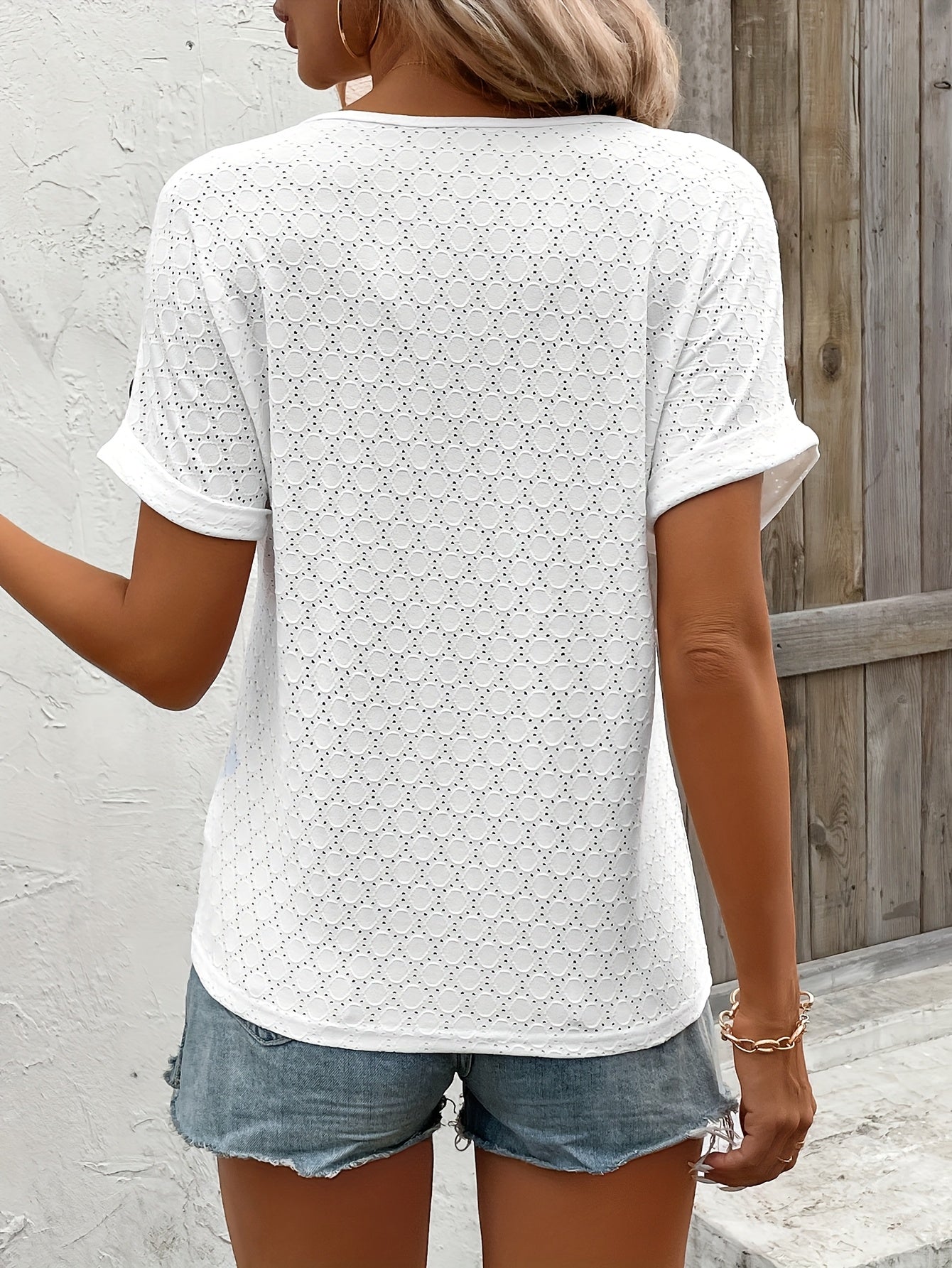 Button Batwing Sleeve Jacquard Short Sleeve