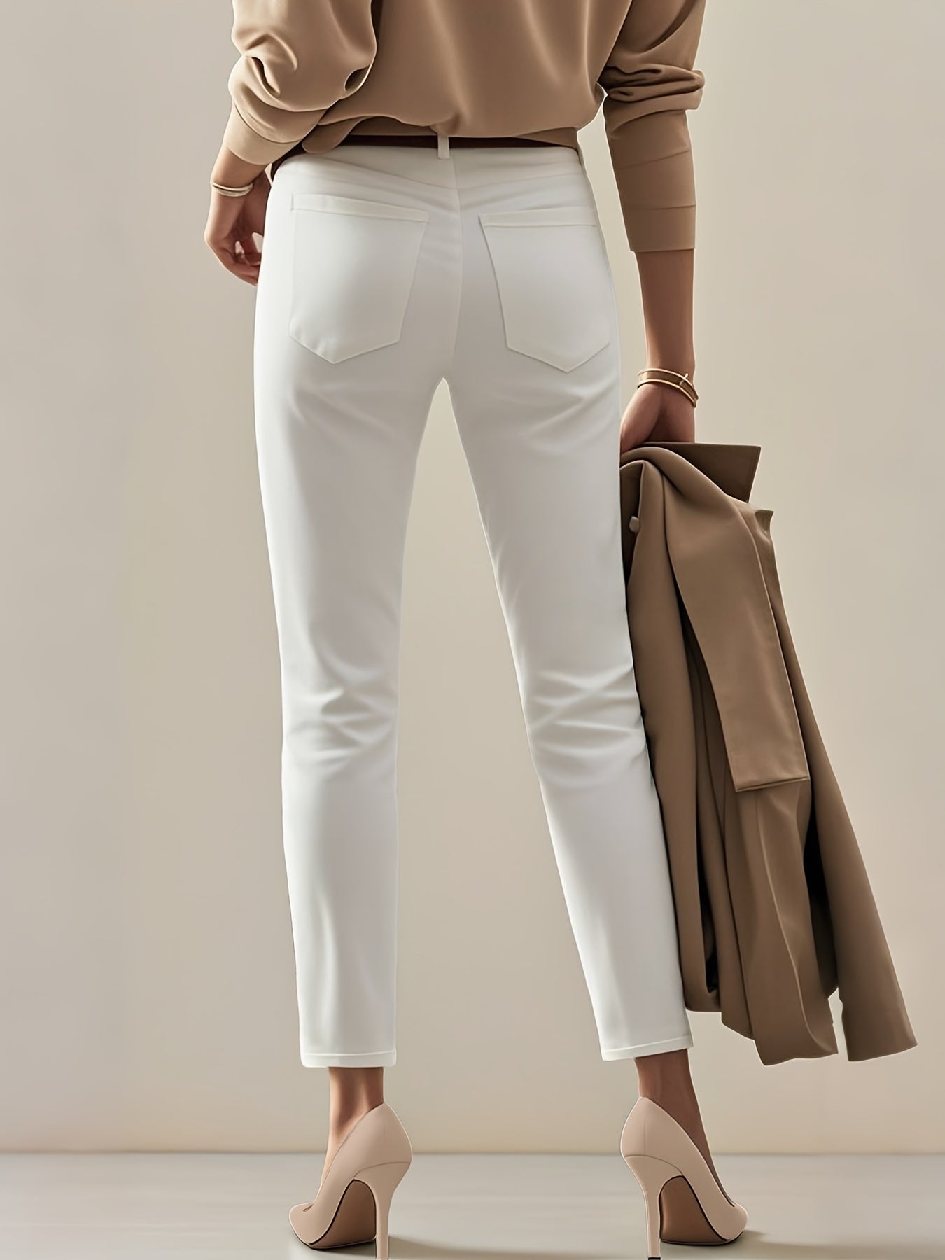 Women's new stretchy straight white capri jeans, classic washed solid color business casual cropped pants, soft and comfort pantalones, elegant Women's clothing, high-waisted tummy-control denim trousers fit for work, travel and office wear.