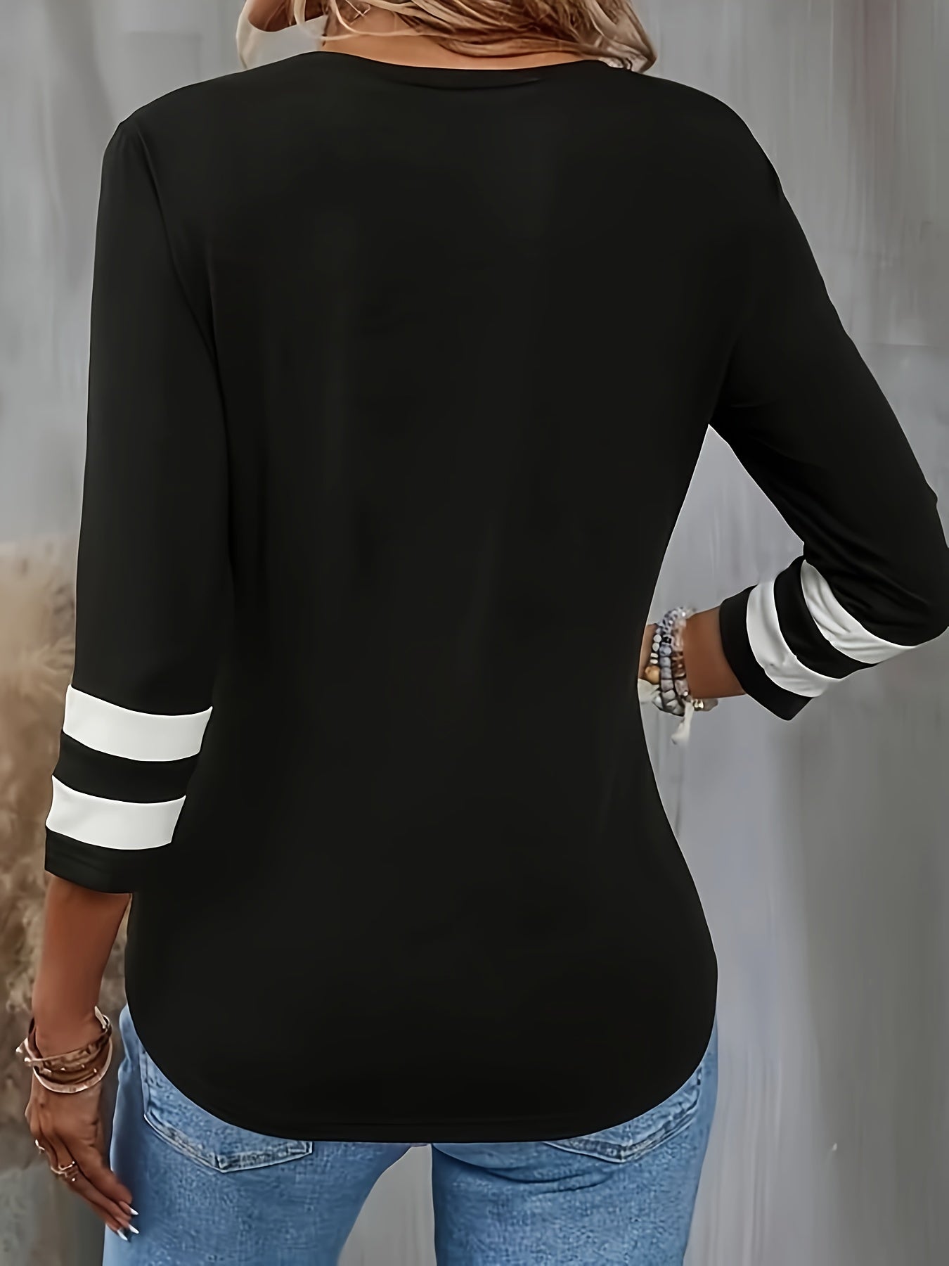 Contrast Trim V Neck T-shirt, Casual 3/4 Sleeve Top For Spring & Fall, Women's Clothing