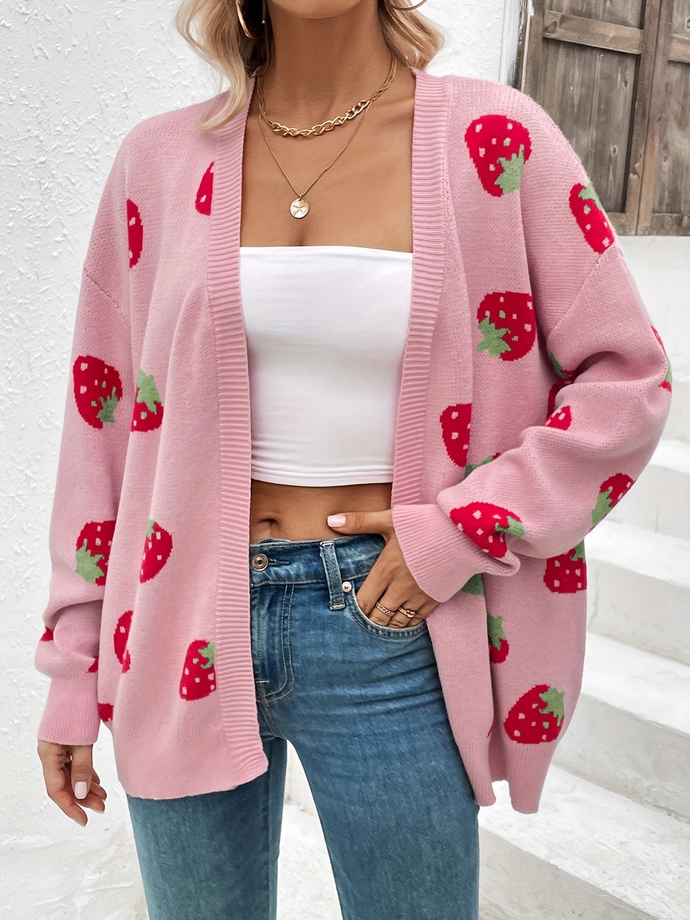 Strawberry Pattern Open Front Cardigan, Elegant Long Sleeve Cardigan For Spring & Fall, Women's Clothing