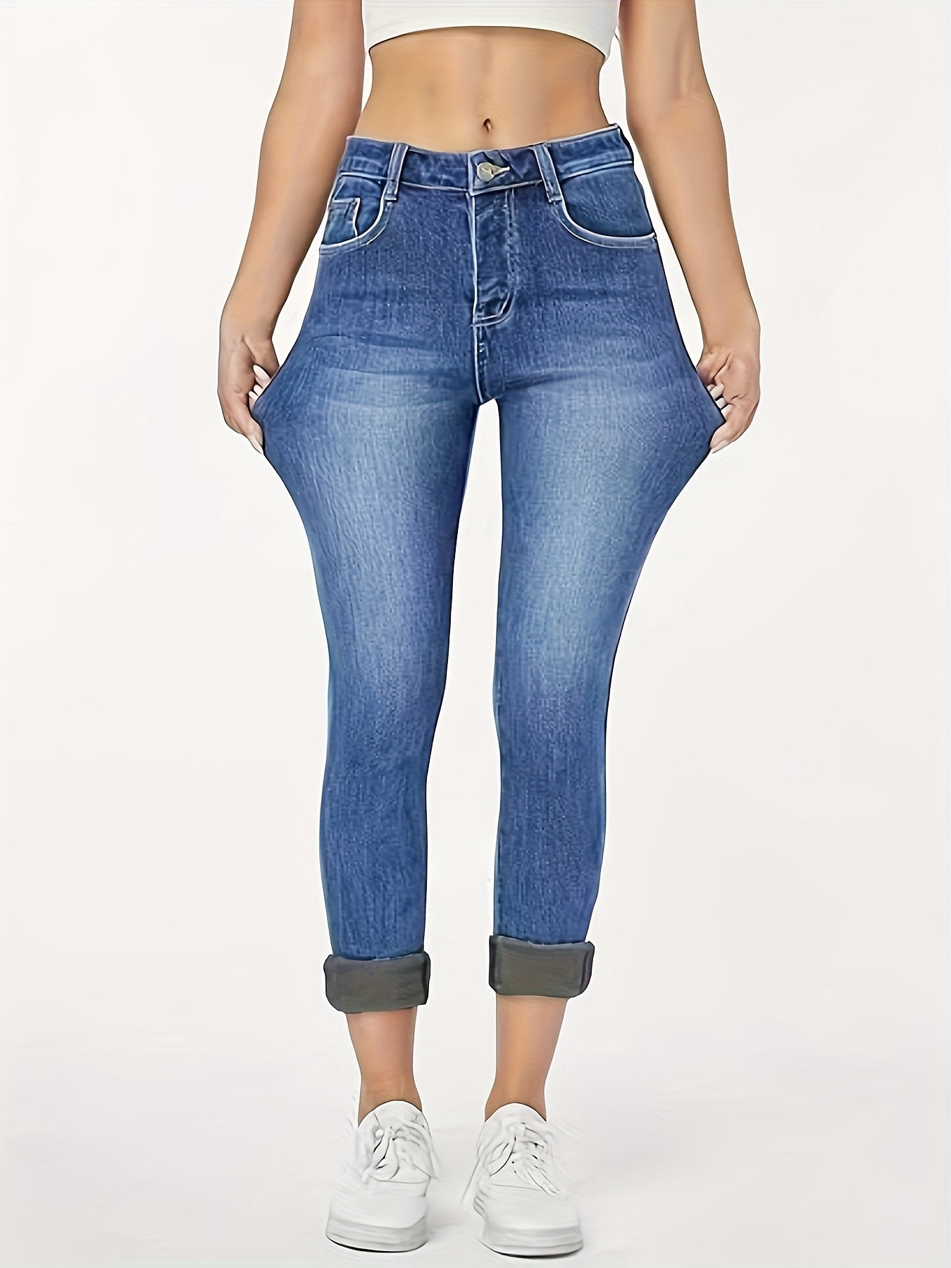 Women'S High-Waisted Skinny Jeans - Stretchy Non-See-Through Pants with Classic Five-Pocket Design, Authentic Washed Look for Everyday & Formal Outfits - Winter Denim Jeans for Women, Ladies Jeans, Versatile Clothing, Sleek Silhouette, Durable Fabric