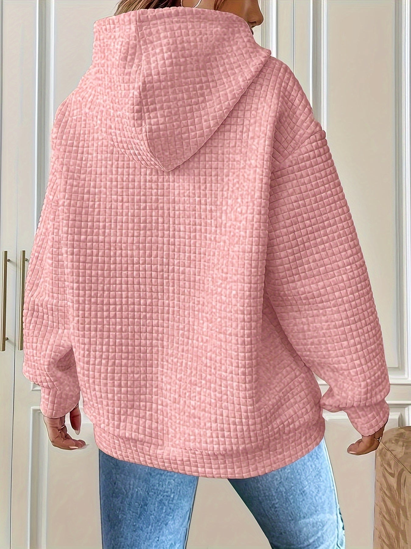 Women'S Casual Long Sleeve Waffle Hoodie - Solid Color Round Neck Sweatshirt with Drawstring Hood, Cozy Fall/Winter Pullover for Casual Attire, Casual Wear Hoodie | Drawstring Hooded Sweatshirt | Construction, Sweater Hoodie
